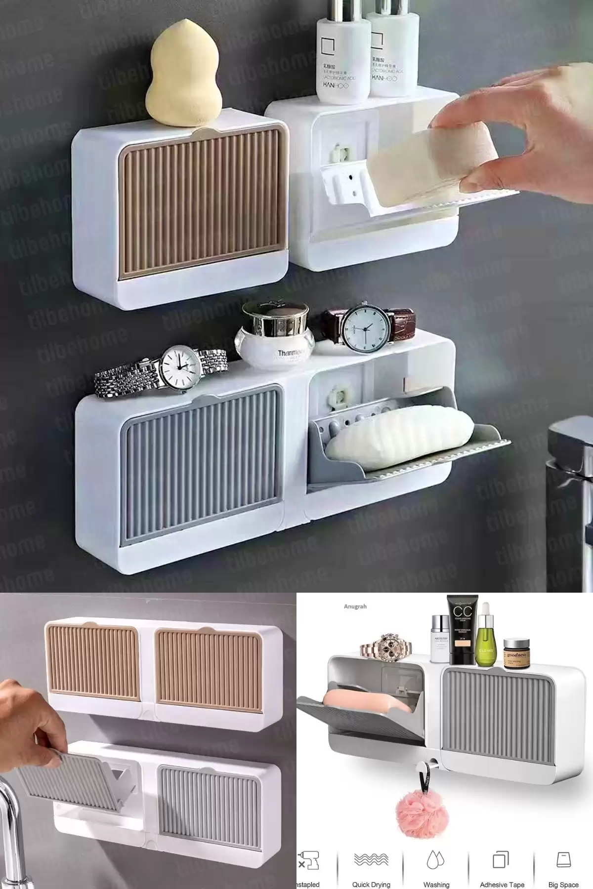 2 Bölmeli Su Tutmaz Katı Sabunluk Güçlü Yapışkanlı Duvara Monte Kapaklı Mutfak Banyo Organizeri