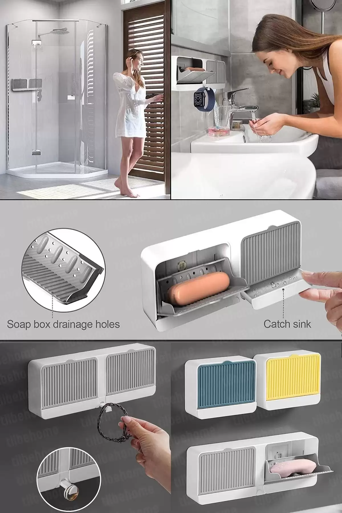 2 Bölmeli Su Tutmaz Katı Sabunluk Güçlü Yapışkanlı Duvara Monte Kapaklı Mutfak Banyo Organizeri