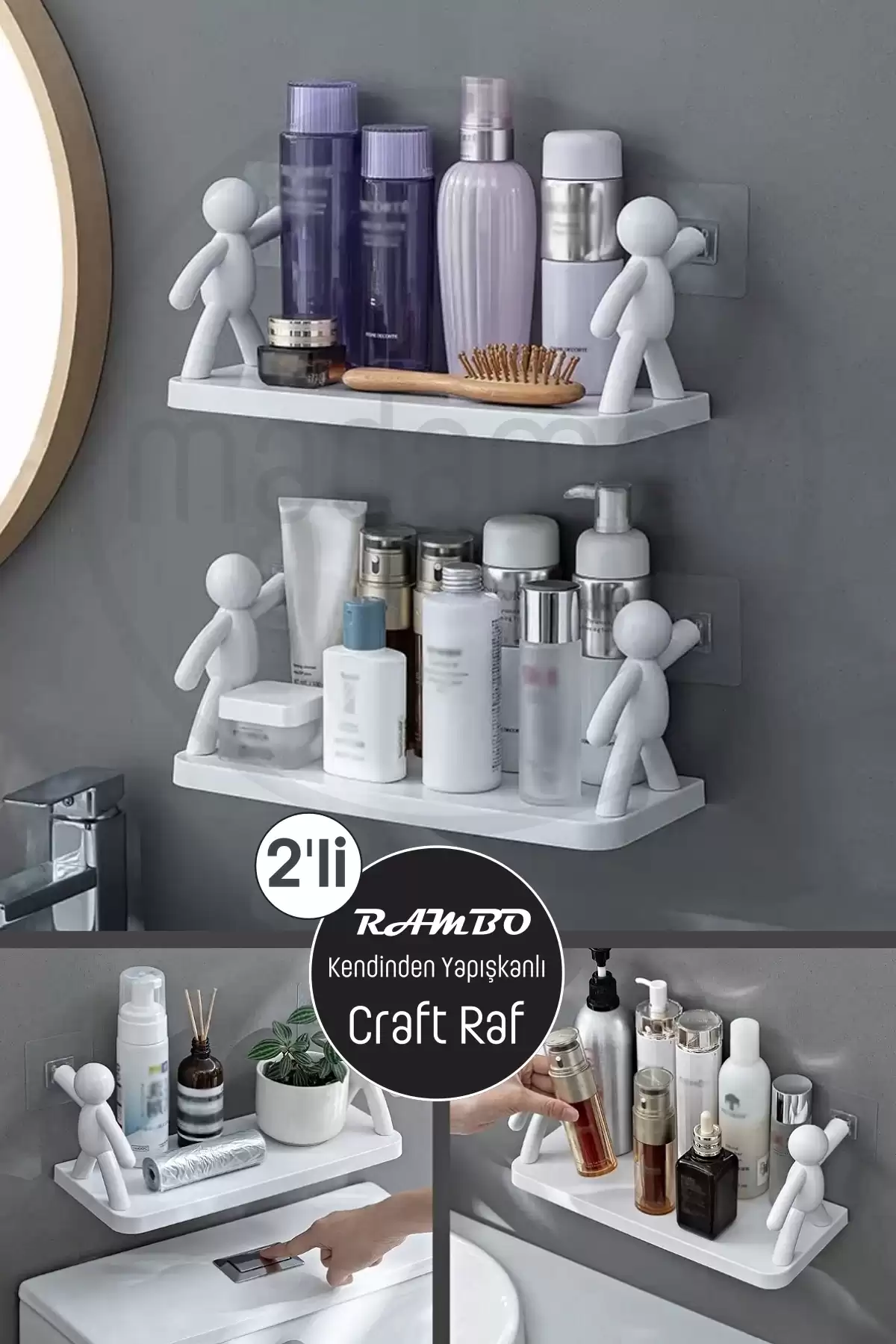 2li Kendinden Yapışkanlı Craft Banyo Rafı Baharatlık Mutfak Organizer Duvara Monte Raf Düzenleyici