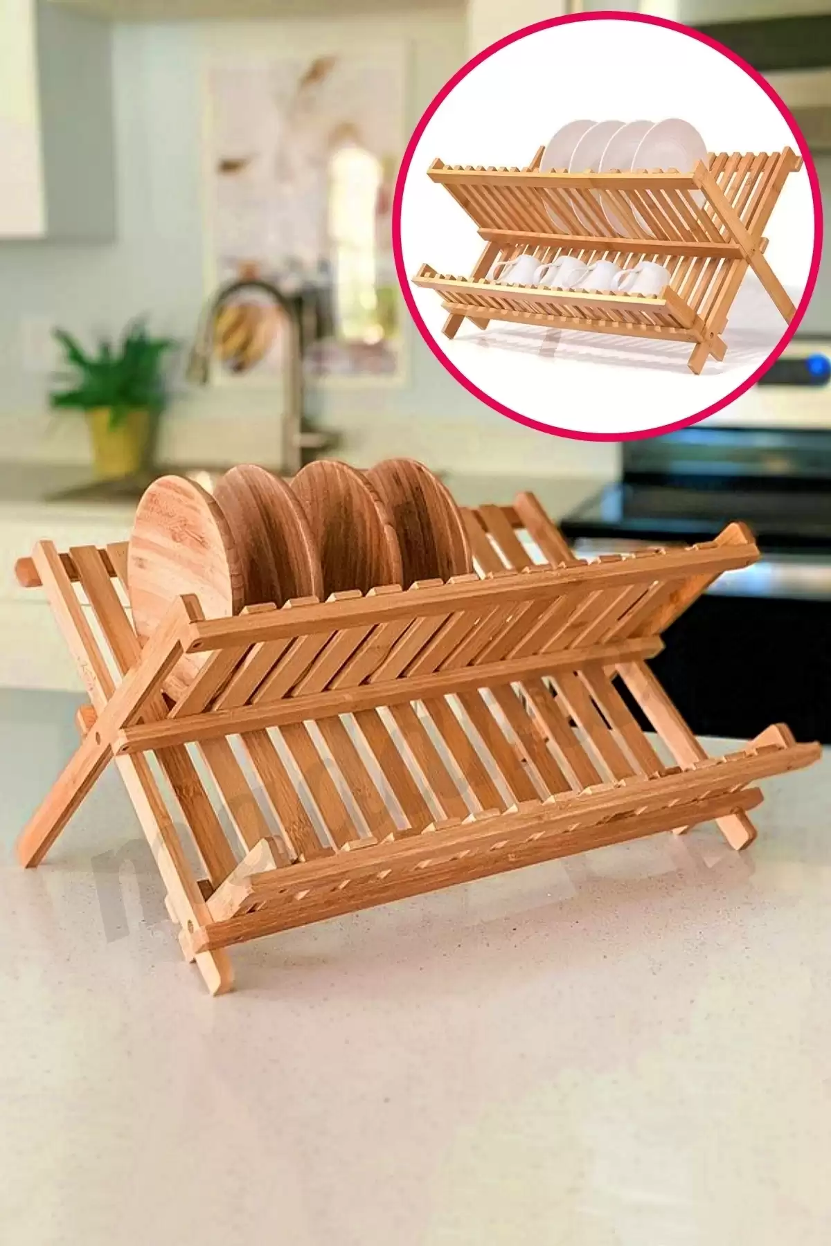 2 Katlı Bambu Katlanabilir Tabaklık Bulaşıklık Büyük Boy Mutfak Dekoratif Bulaşık Kurutma Rafı