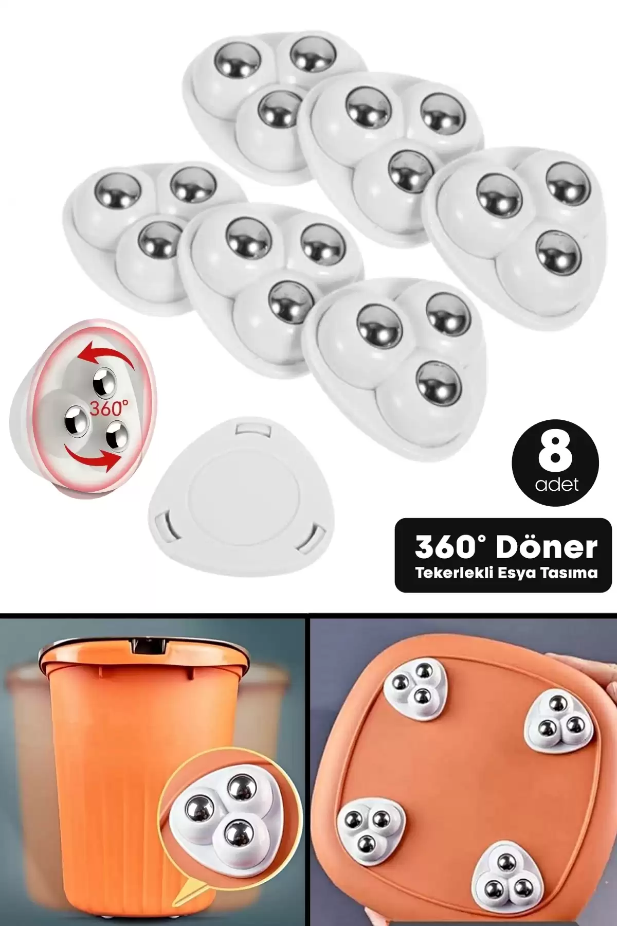 8 Adet 360 Derece Döner Çelik Bilye Tekerlekli Eşya Yük Taşıma Yapışkanlı Eşya Kaydırma Aparatı Set