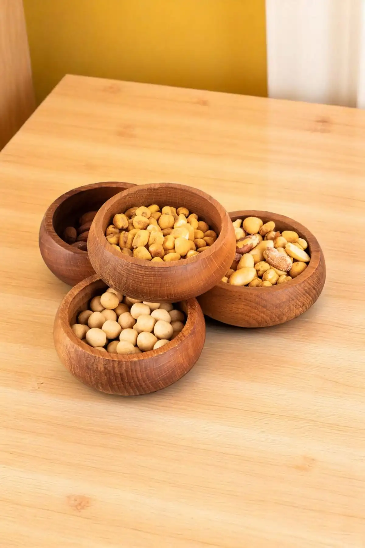 4lü Ahşap Kase Çerezlik Kuruyemiş Sunumluk Natural Sofra Sunum Kahvaltılık Kase Seti