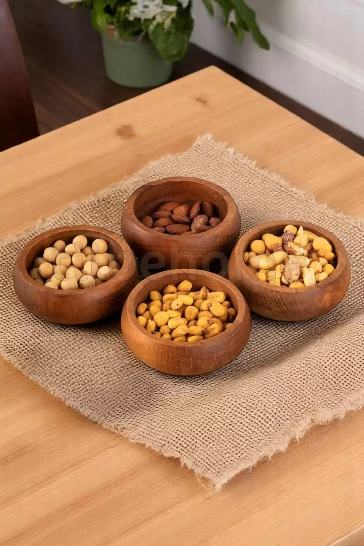 4lü Ahşap Kase Çerezlik Kuruyemiş Sunumluk Natural Sofra Sunum Kahvaltılık Kase Seti