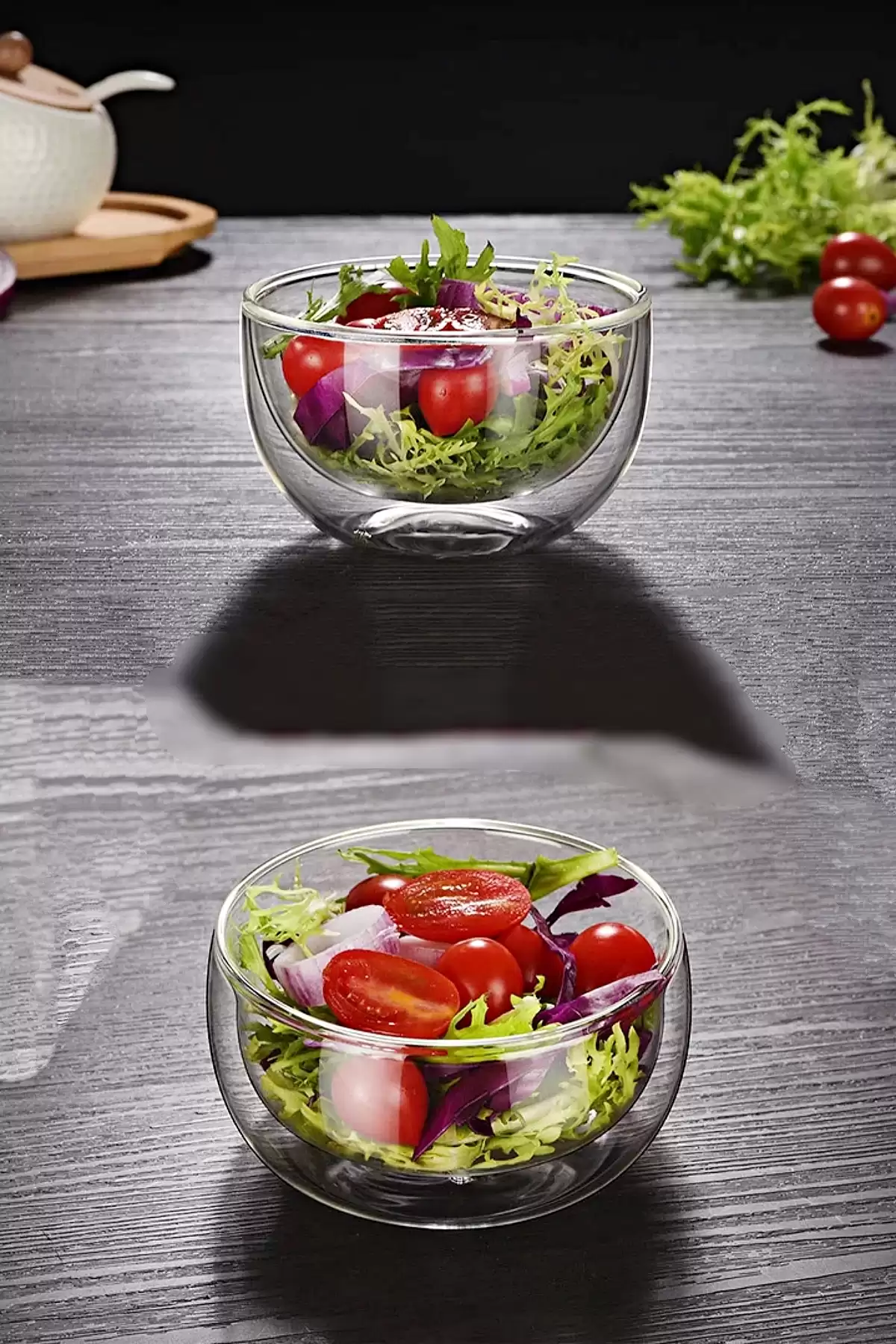 2li Çift Cidarlı Cam Kase 350 ml Isıya Dayanıklı Borosilikat Cam Kase Salata Tatlı Sunum Kasesi