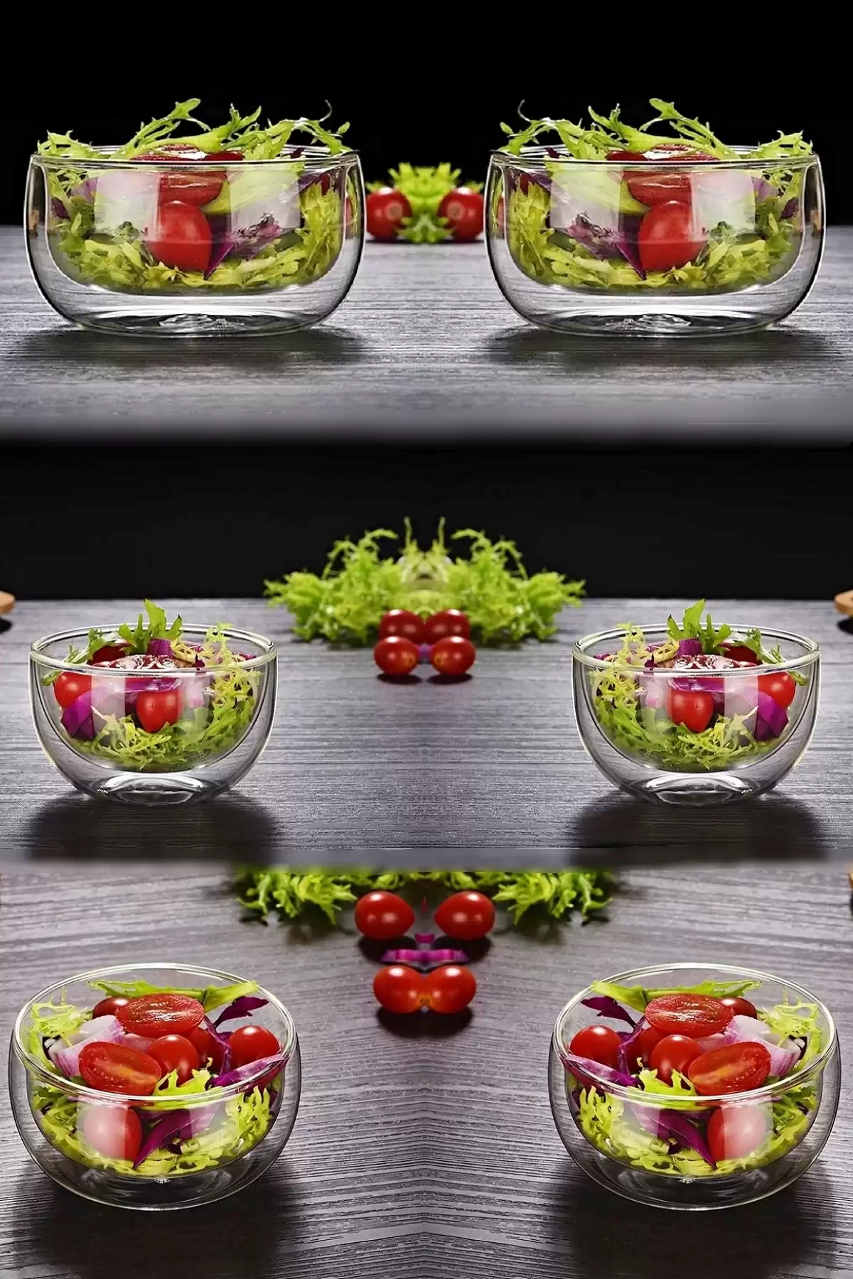2li Çift Cidarlı Cam Kase 350 ml Isıya Dayanıklı Borosilikat Cam Kase Salata Tatlı Sunum Kasesi