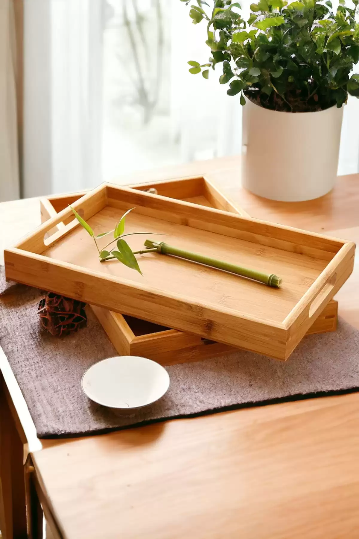 Bambu Çay Tepsisi Lüx Kulplu Dikdörtgen Kahve Çay Servis Sunum Doğal Bambu 33X22 İdeal Boy Tepsi