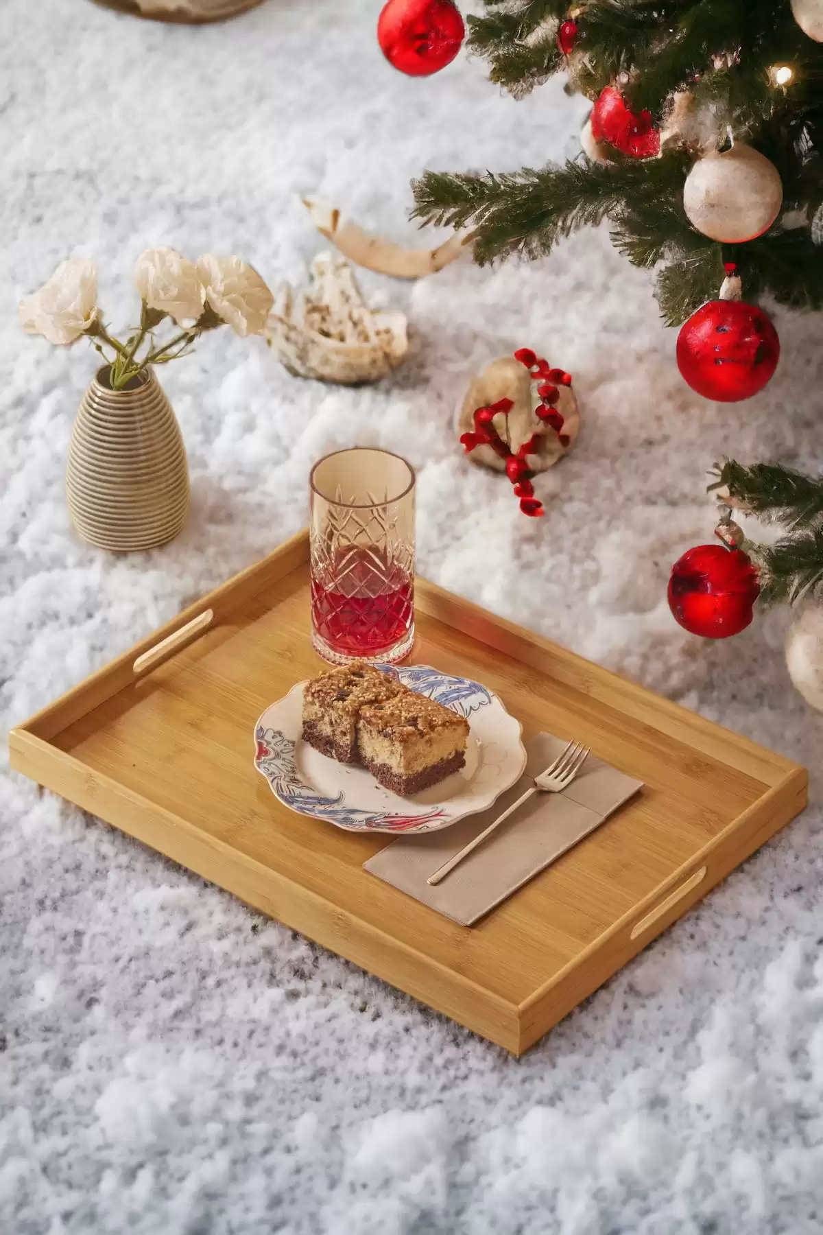 Bambu Çay Tepsisi Lüx Kulplu Dikdörtgen Kahve Çay Servis Sunum Doğal Bambu 33X22 İdeal Boy Tepsi