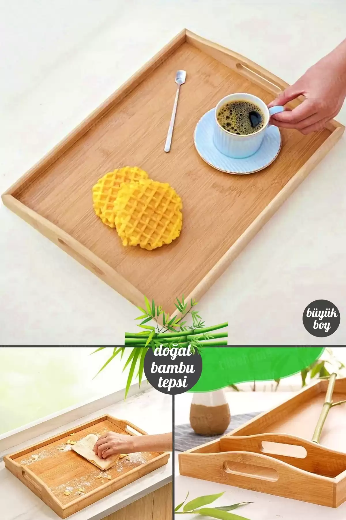 Bambu Çay Tepsisi Lüx Kulplu Dikdörtgen 40X29 Büyük Boy Kahve Çay Servis Sunum Doğal Bambu Tepsi