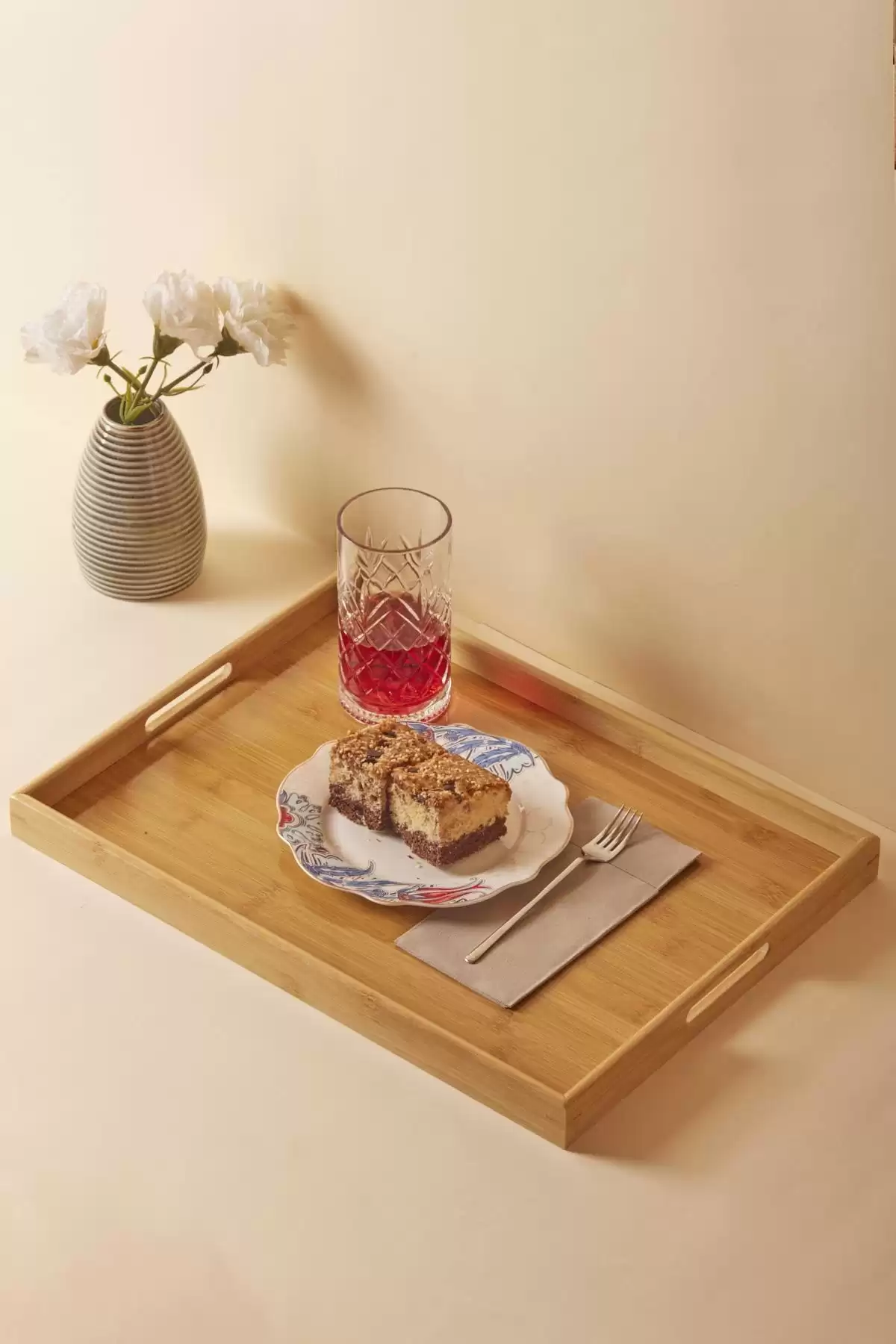 Bambu Tepsi Büyük Boy Kahve Çay Servis Sunum Doğal Bambu Tepsi Lüx Kulplu Dikdörtgen 40X30 Tepsi