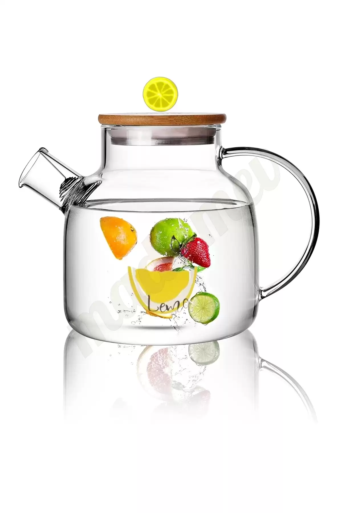 Bambu Kapaklı Limon Figürlü Demlik Borosilikat Cam Sürahi Çelik Süzgeçli Bitki Çayı Çaydanlık 1 lt.