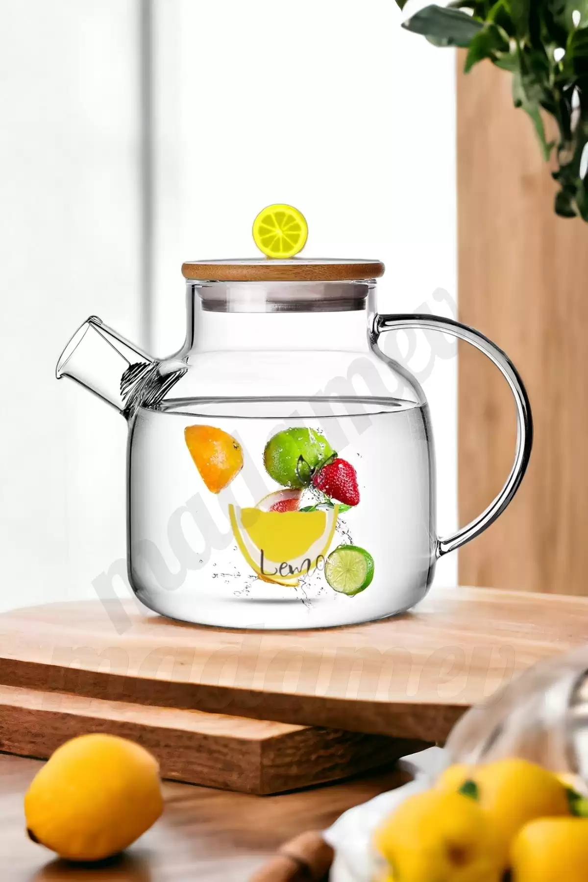 Bambu Kapaklı Limon Figürlü Demlik Borosilikat Cam Sürahi Çelik Süzgeçli Bitki Çayı Çaydanlık 1 lt.