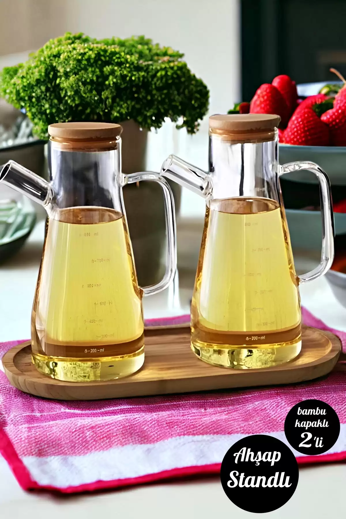 Bambu Kapaklı Cam Yağdanlık Vakumlu Ahşap Stantlı Sirkelik Zeytinyağı Şişesi Yağlık 900 ml 3lü Set