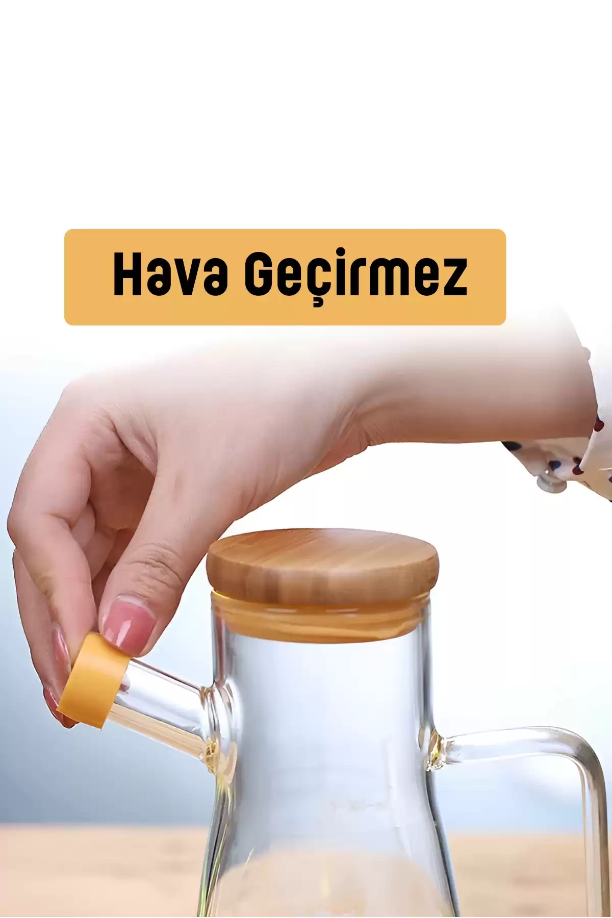Bambu Kapaklı Cam Yağdanlık Vakumlu Borosilikat Cam Sirkelik Zeytinyağı Şişesi Yağlık 900 ml.