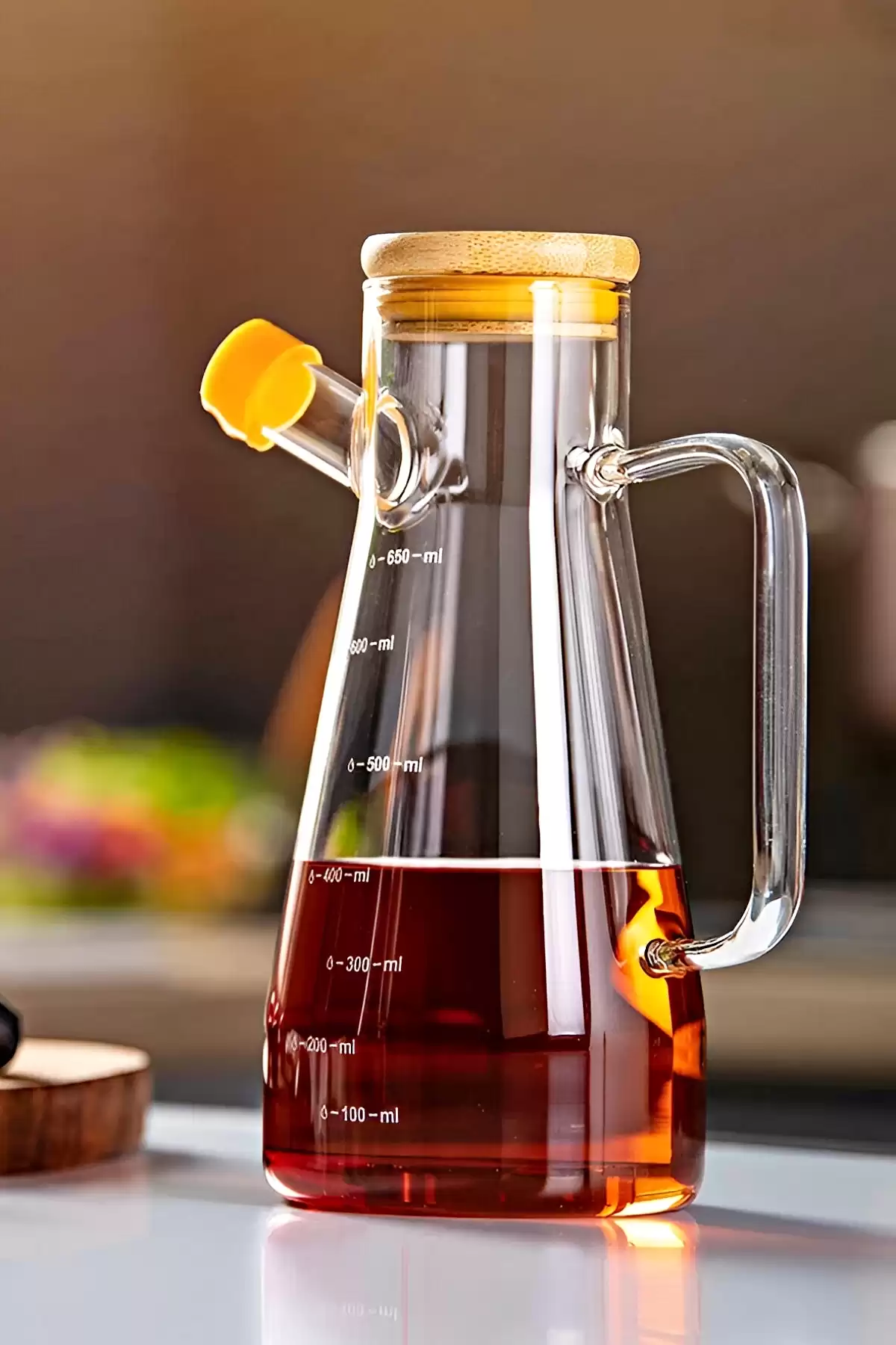 Bambu Kapaklı Cam Yağdanlık Vakumlu Borosilikat Cam Sirkelik Zeytinyağı Şişesi Yağlık 900 ml.