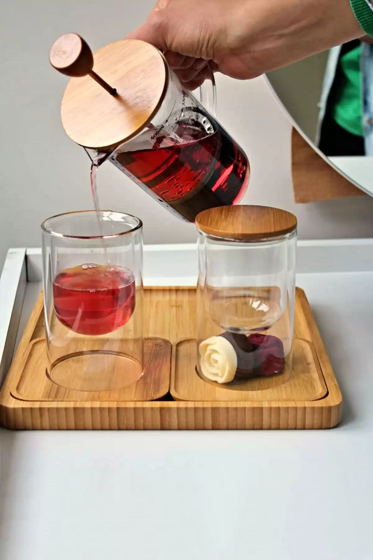 Bambu Series 9 Parça Frech Press Seti Bambu Tepsili Bitki Çayı Demliği Filtre Kahve Bardak Seti