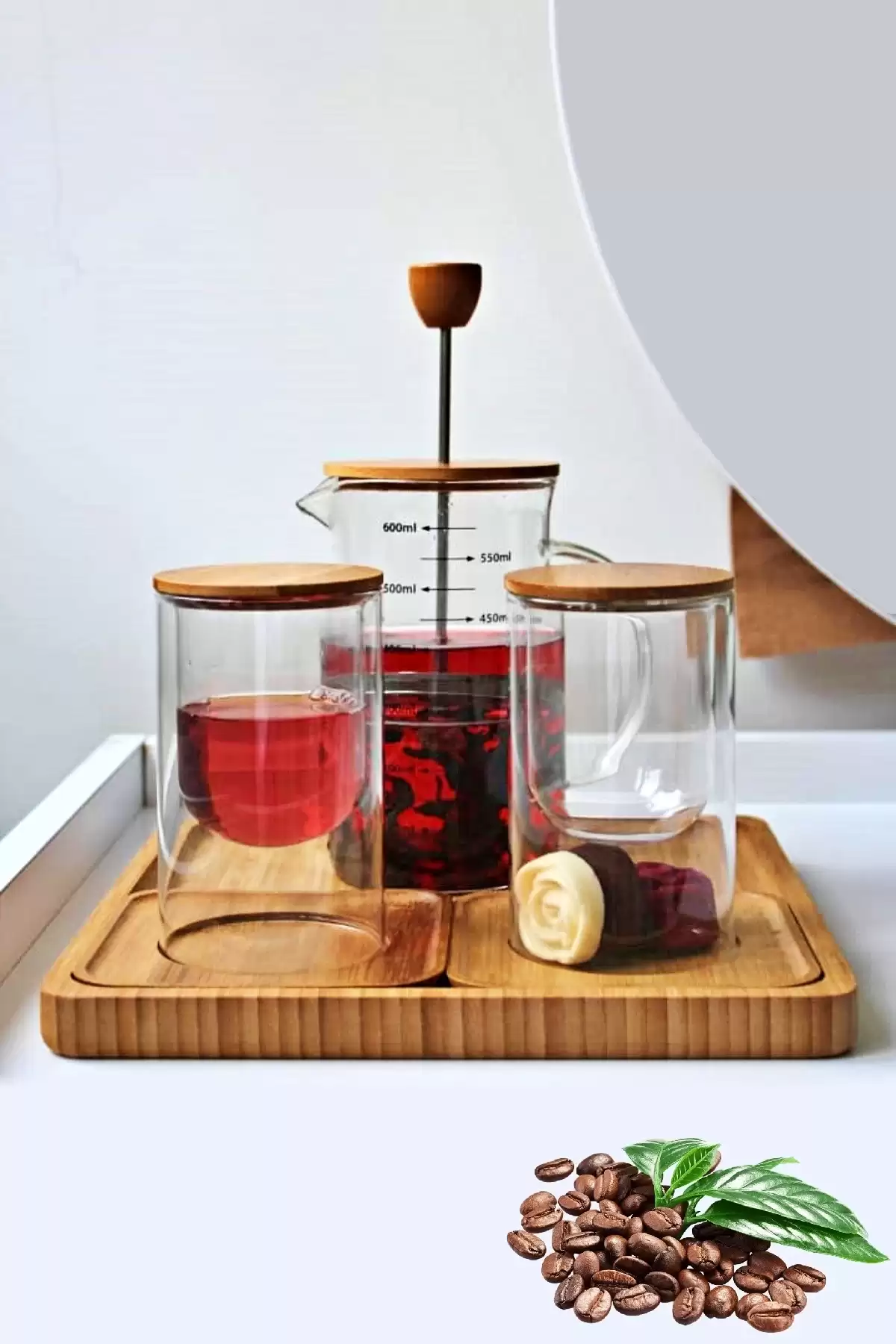 Bambu Series 9 Parça Frech Press Seti Bambu Tepsili Bitki Çayı Demliği Filtre Kahve Bardak Seti