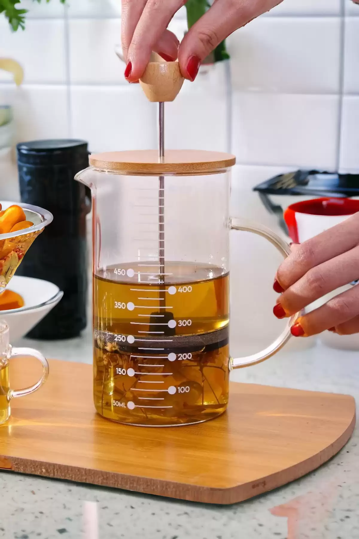 Bambu Series 9 Parça Frech Press Seti Bambu Tepsili Bitki Çayı Demliği Filtre Kahve Bardak Seti