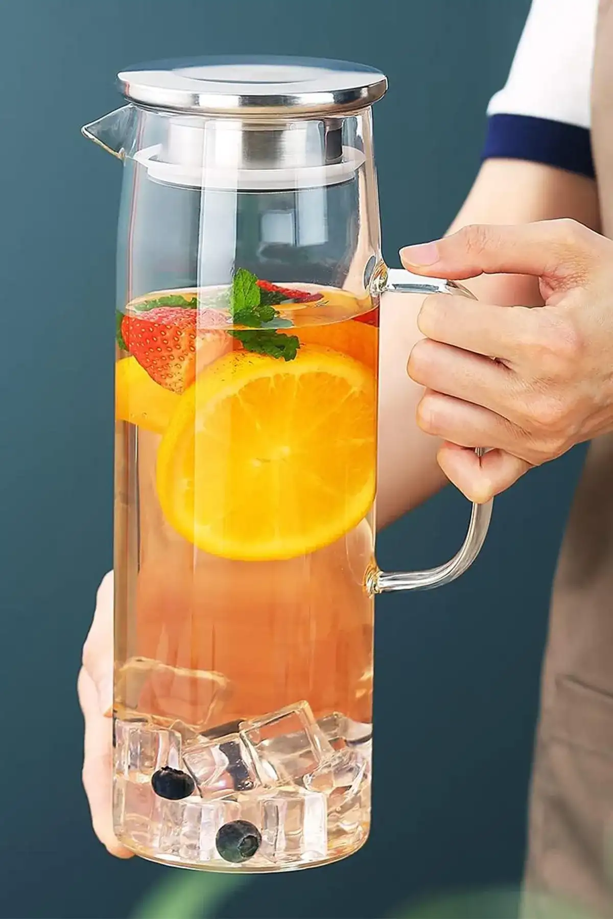 Borosilikat Cam Sürahi 1800ml Isıya Dayanıklı Metal Kapaklı Filtreli Başucu Meşrubat Su Sürahisi