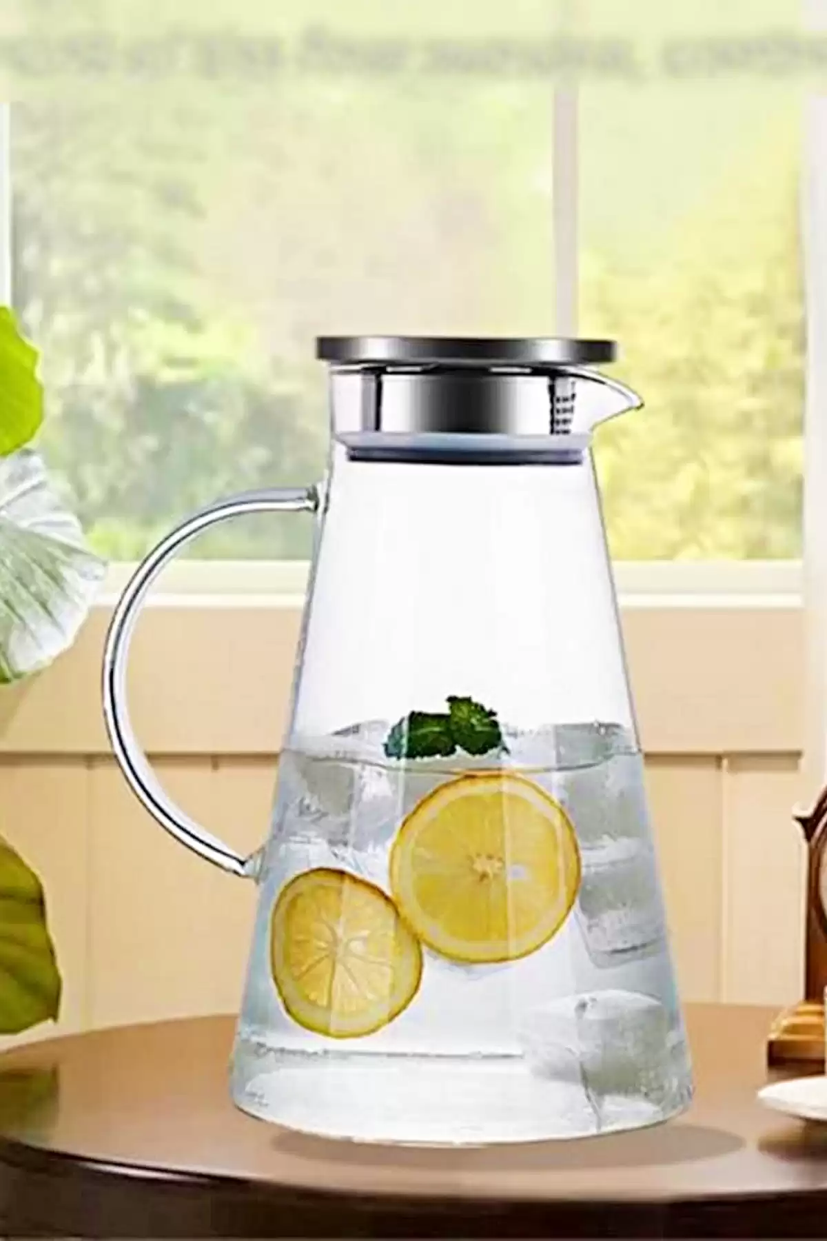 Borosilikat Cam Sürahi Karaf Cam Kulplu Metal Kapaklı Sıcak Soğuk Kokteyl Meşrubat Sürahisi 1600 ml