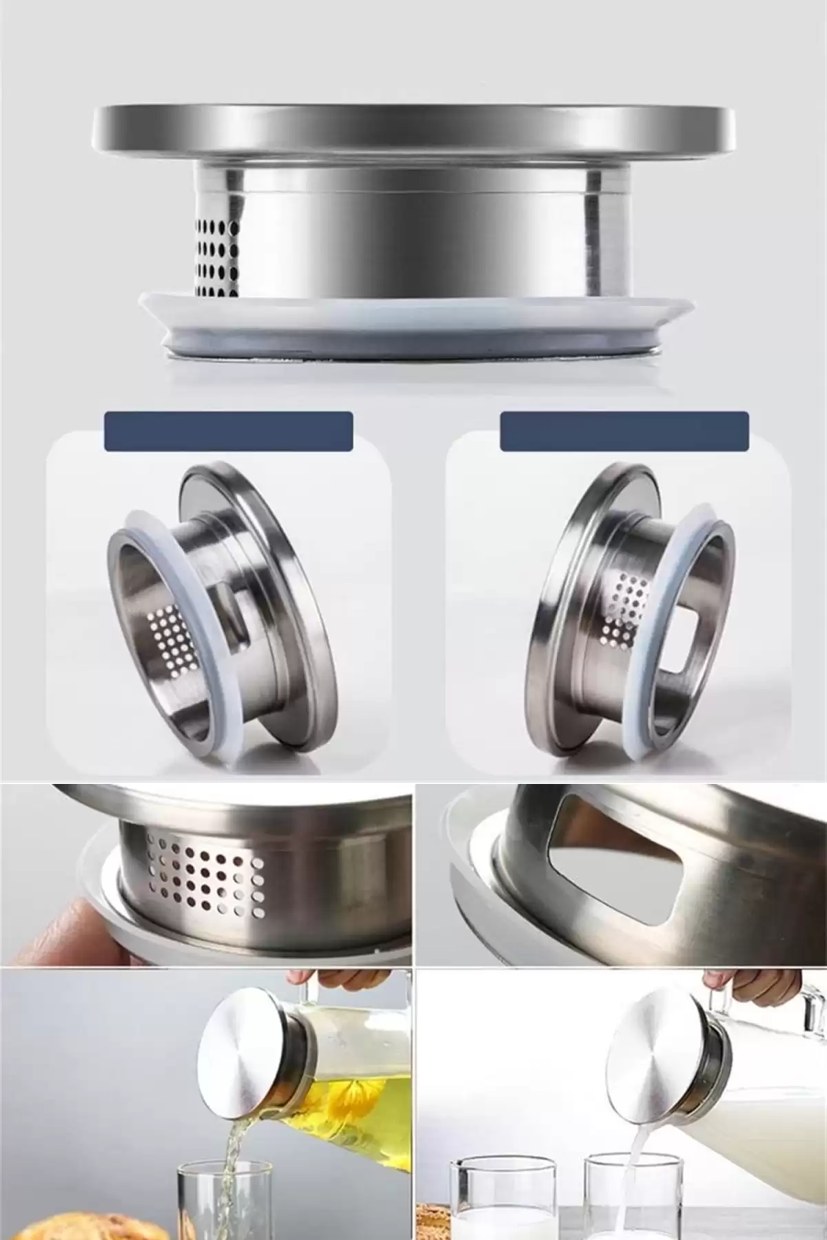 Borosilikat Cam Sürahi Karaf Cam Kulplu Metal Kapaklı Sıcak Soğuk Kokteyl Meşrubat Sürahisi 1600 ml