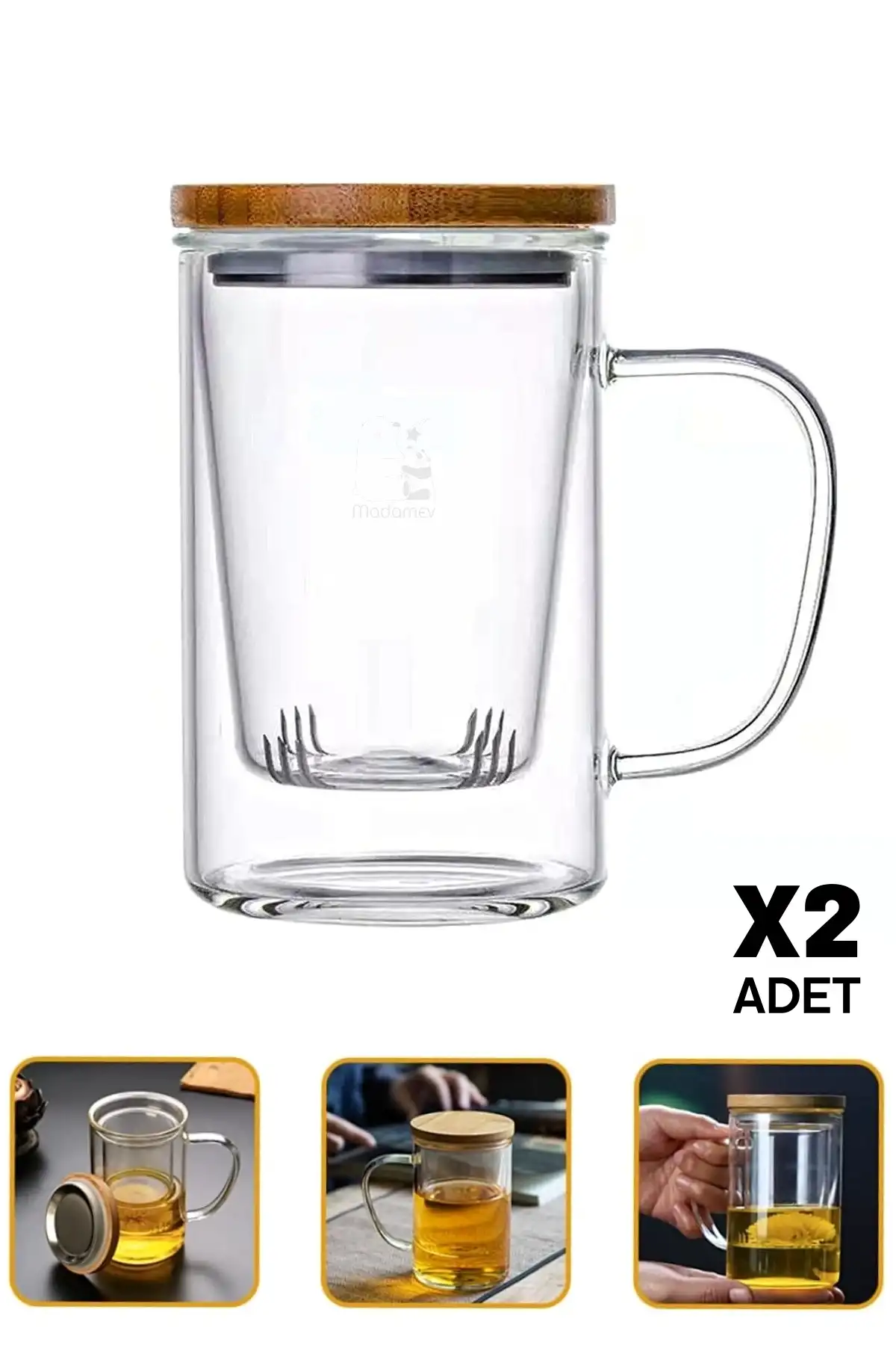 2li Borosilikat Cam Süzgeçli Bambu Kapaklı Kupa Kulplu Demlik Tarz Çift Kat Bitki Çay Bardağı 400ml