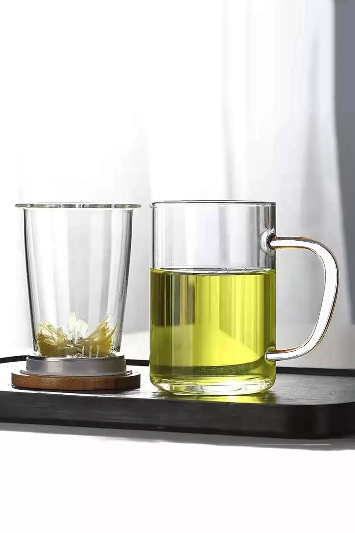 2li Borosilikat Cam Süzgeçli Bambu Kapaklı Kupa Kulplu Demlik Tarz Çift Kat Bitki Çay Bardağı 400ml