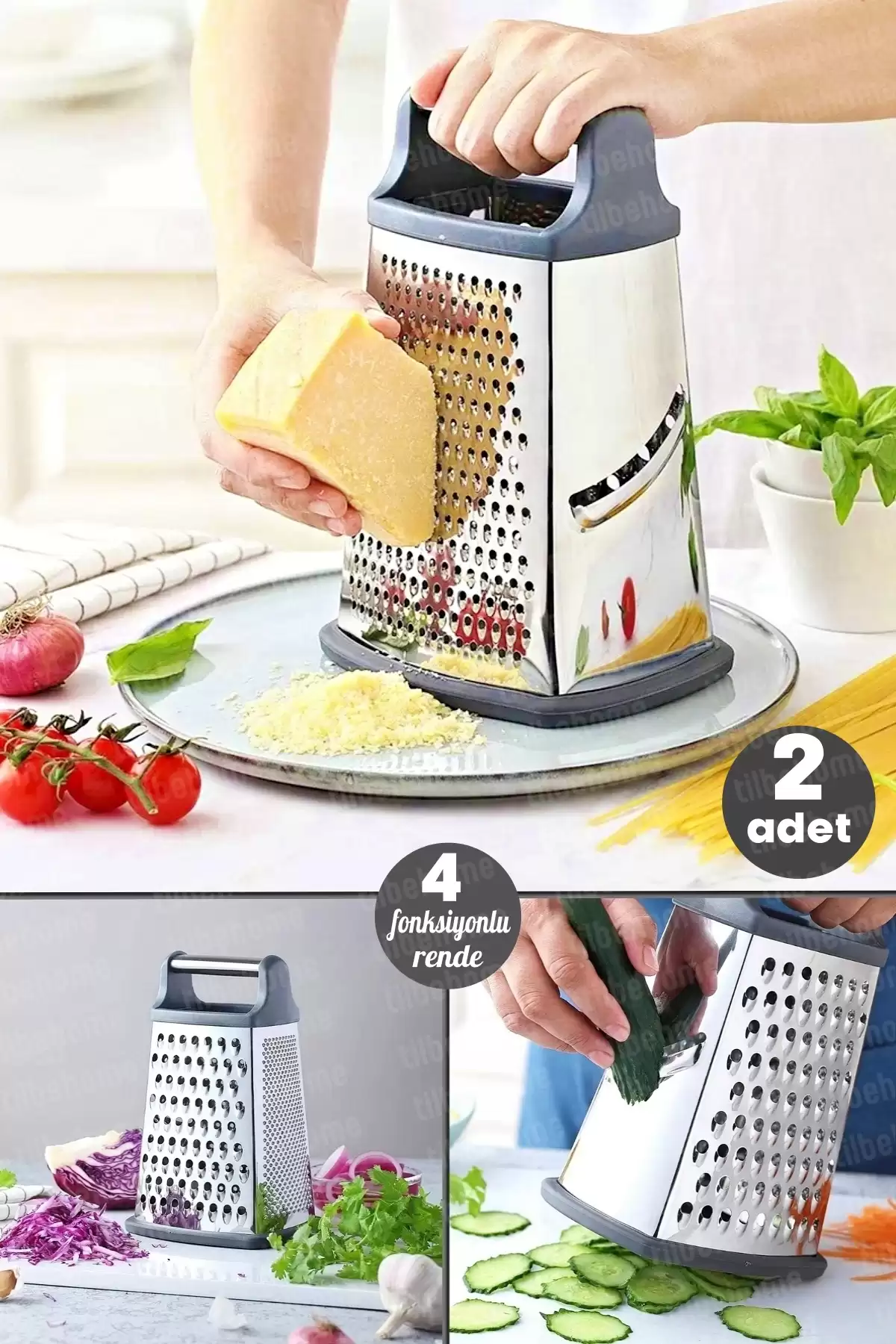 2li Büyük Boy Çelik Rende Silikon Tabanlı 4 Fonksiyonlu Sarımsak Peynir Sebze Doğrayıcı Rende