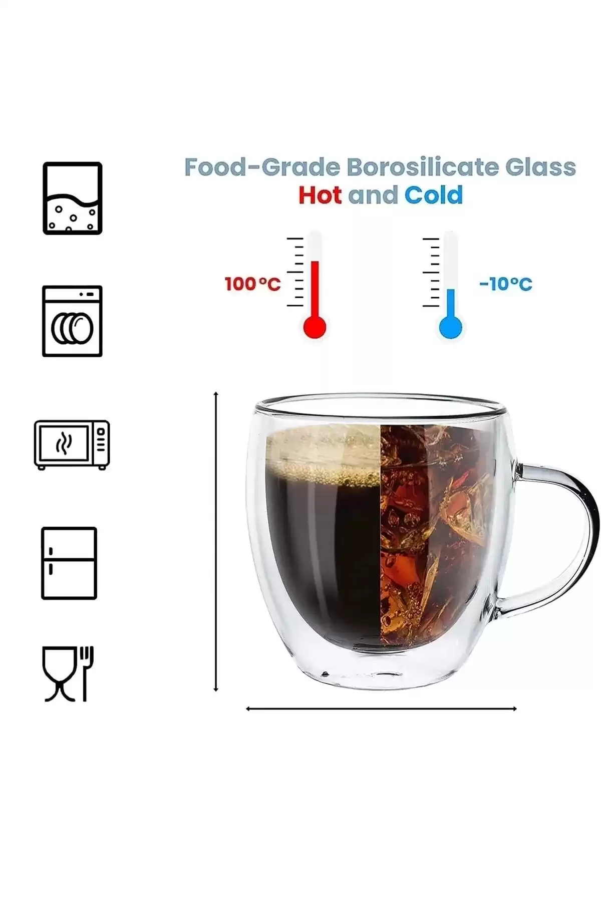 Çift Cidarlı Bardak Cam Kupa 310 ml Ev Ofis Espresso Kahve Fincanı Borosilikat Kulplu Çay Bardağı
