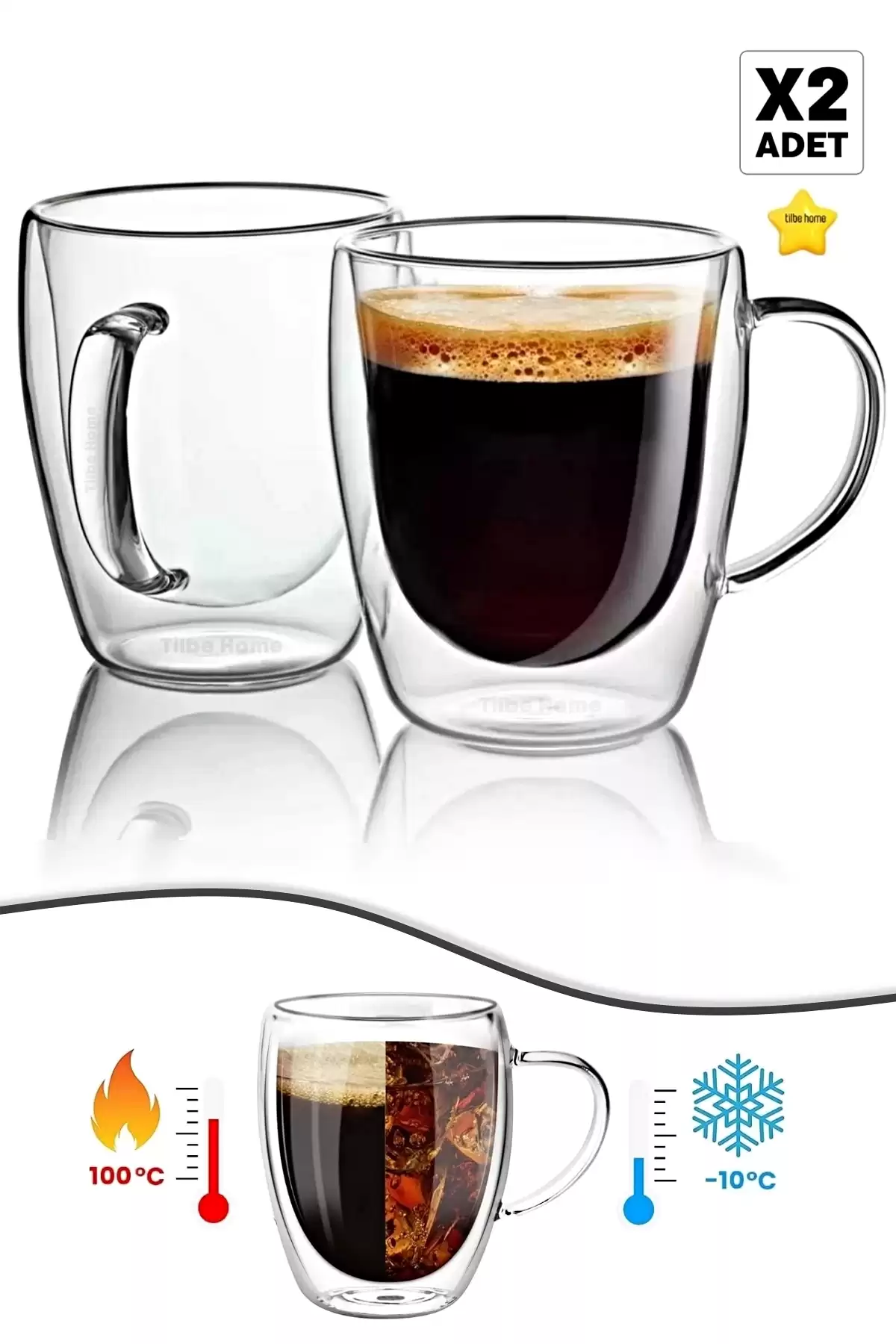 Çift Cidarlı Bardak Cam Kupa 310 ml Ev Ofis Espresso Kahve Fincanı Borosilikat Kulplu Çay Bardağı