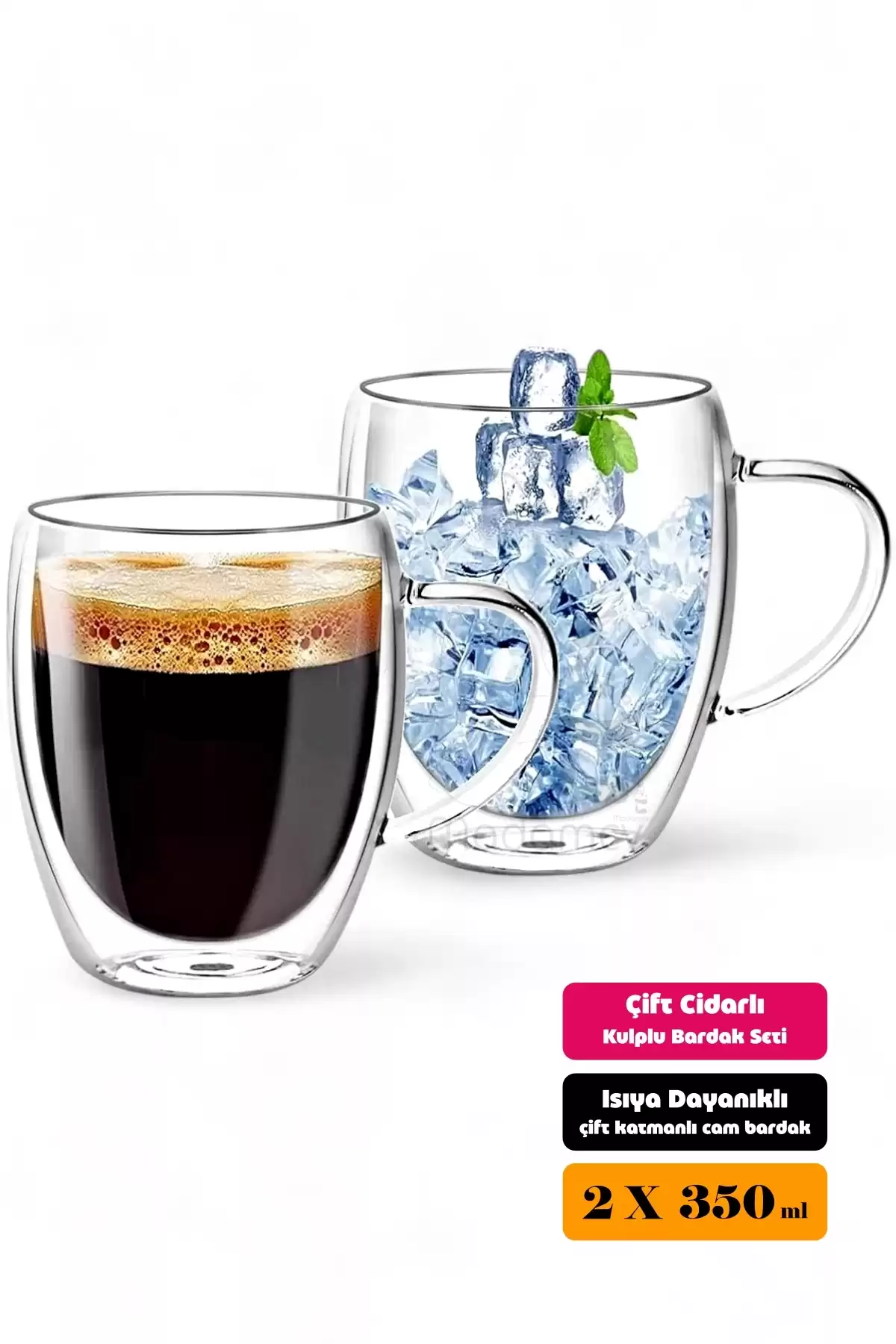 2li Çift Cidarlı Bardak Kupa 350 ml Ev Ofis Espresso Kahve Çay Fincanı Kulplu Cam Bardak