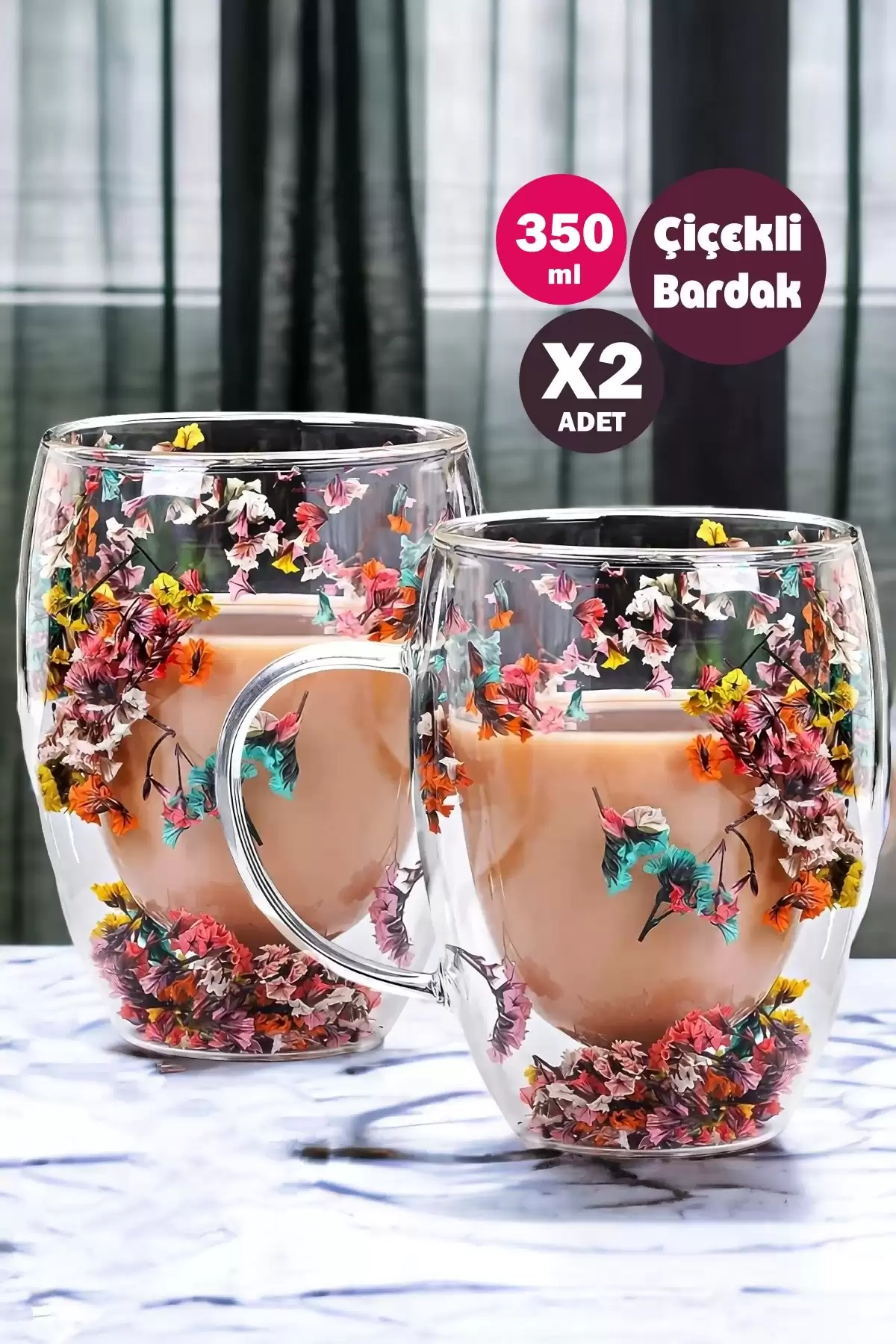 2li Çift Cidarlı Flower Cup 350ml Çiçekli Bardak Kahve Çay Bardağı El Yapımı Kulplu Cam Bardak Set
