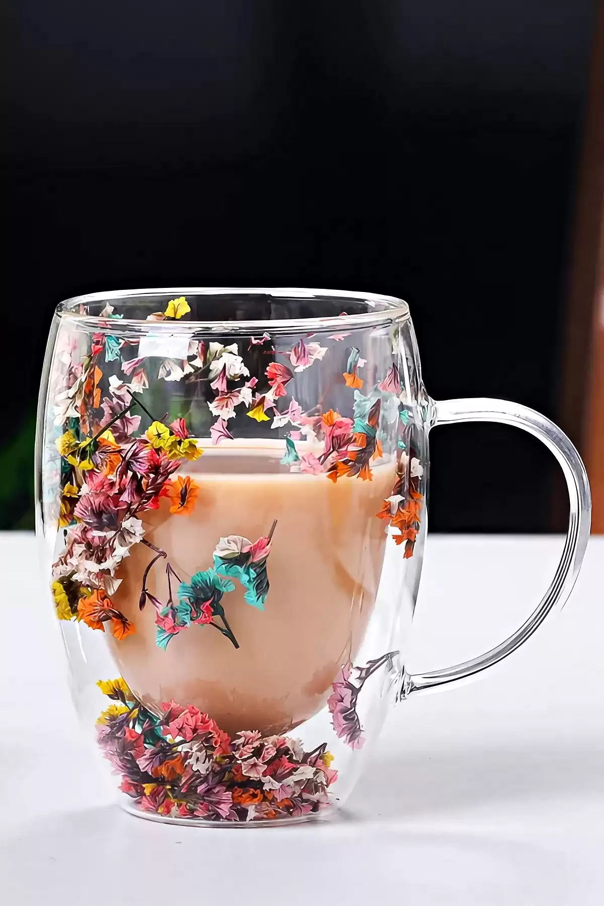 4lü Çift Cidarlı Flower Cup 350ml Çiçekli Bardak Kahve Çay Bardağı El Yapımı Kulplu Cam Bardak Set