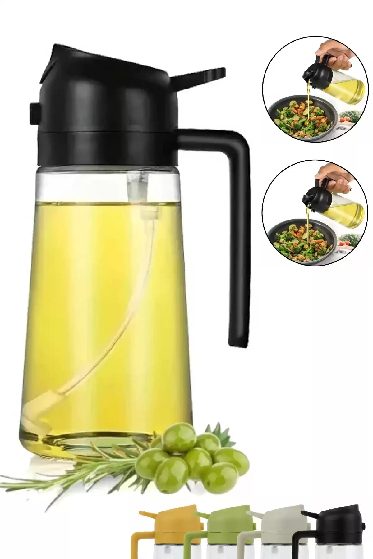 Çift Fonksiyonlu Cam Yağdanlık 450ml Zeytinyağı Sıvıyağ Şişe Airfryer Sprey Yağlık Sirkelik