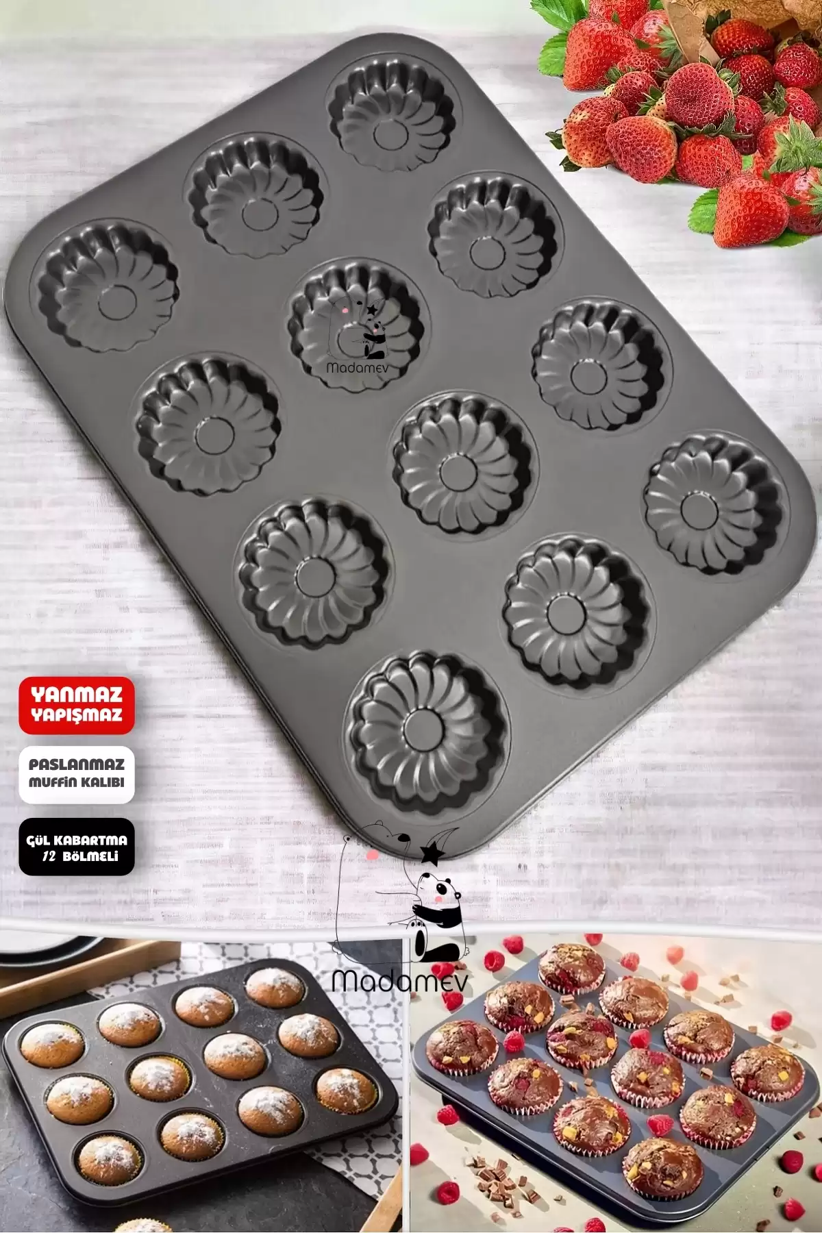 2 Adet 12li Cupcake Muffin Kalıbı Gül Kabartmalı Yanmaz Yapışmaz Fırın Kek Kapsülü Çelik Siyah
