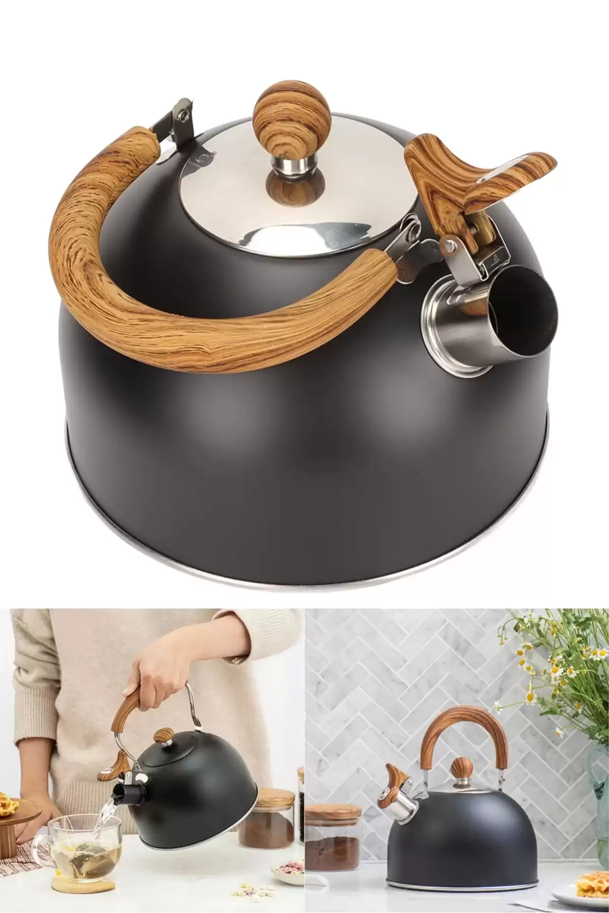Düdüklü Çaydanlık Ahşap İskandinav Su Isıtıcı Islık Çalan Çaydanlık Kettle Demlik Çay Potu 2 Litre