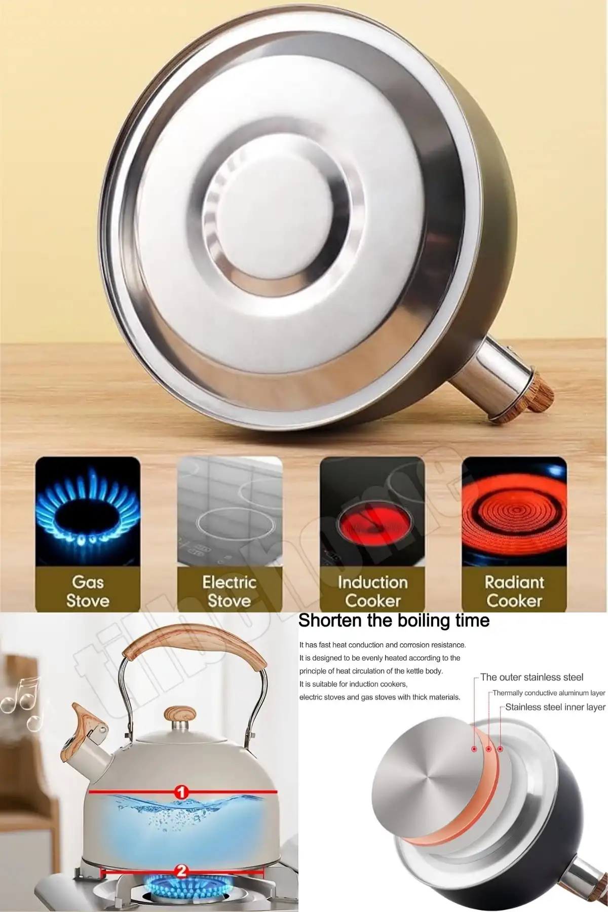 Düdüklü Çaydanlık Ahşap İskandinav Su Isıtıcı Islık Çalan Çaydanlık Kettle Demlik Çay Potu 2 Litre