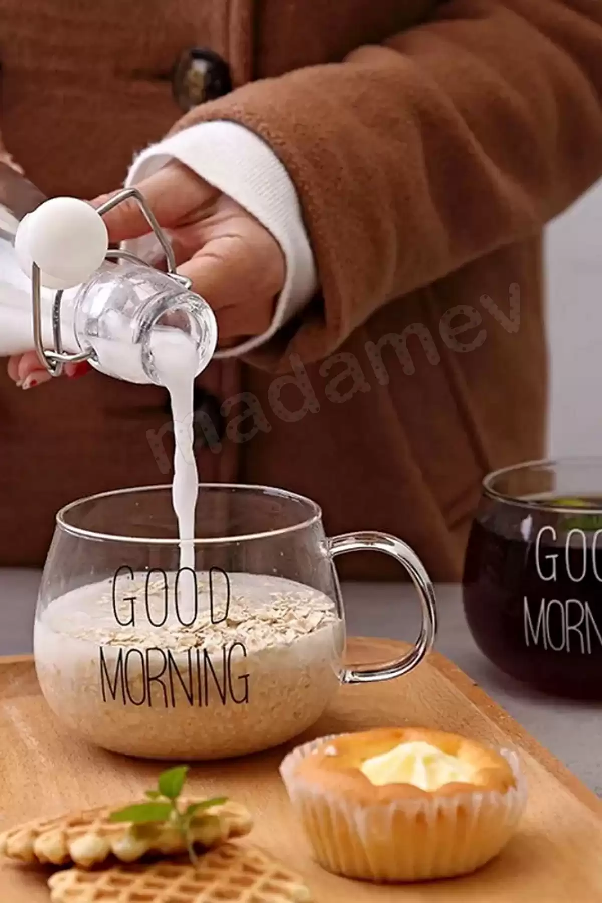 Good Morning Kupa Cam Bardak Isıya Dayanıklı Kulplu Stil Kahve Sunum Kahvaltı Süt Bardağı 350ml