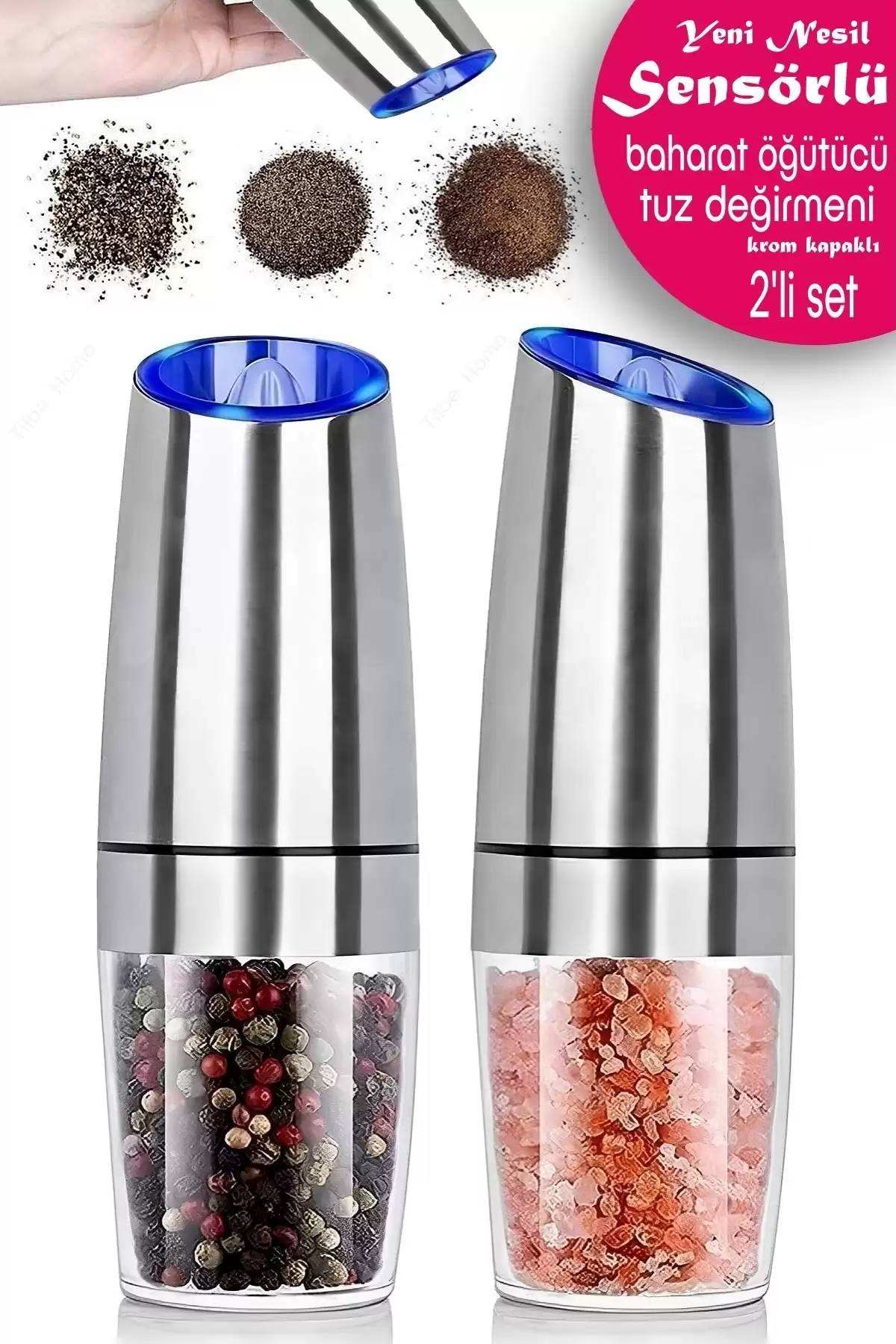Yeni Nesil Gravity Krom Baharat Öğütücü İndüksiyon Tuz Değirmeni Seramik Bıçaklı LED Işık 5 Kademe