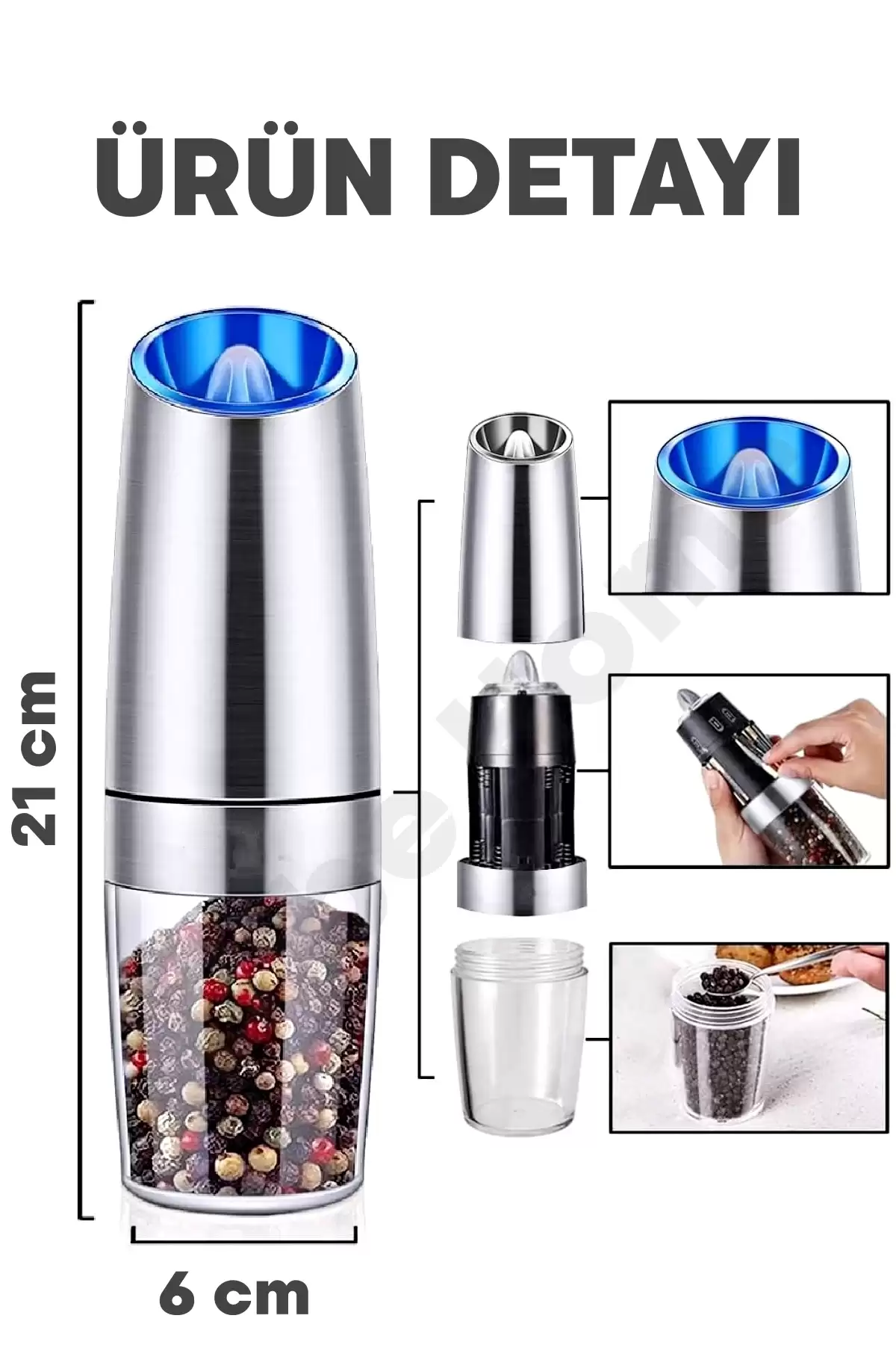 Yeni Nesil Gravity Krom Baharat Öğütücü İndüksiyon Tuz Değirmeni Seramik Bıçaklı LED Işık 5 Kademe