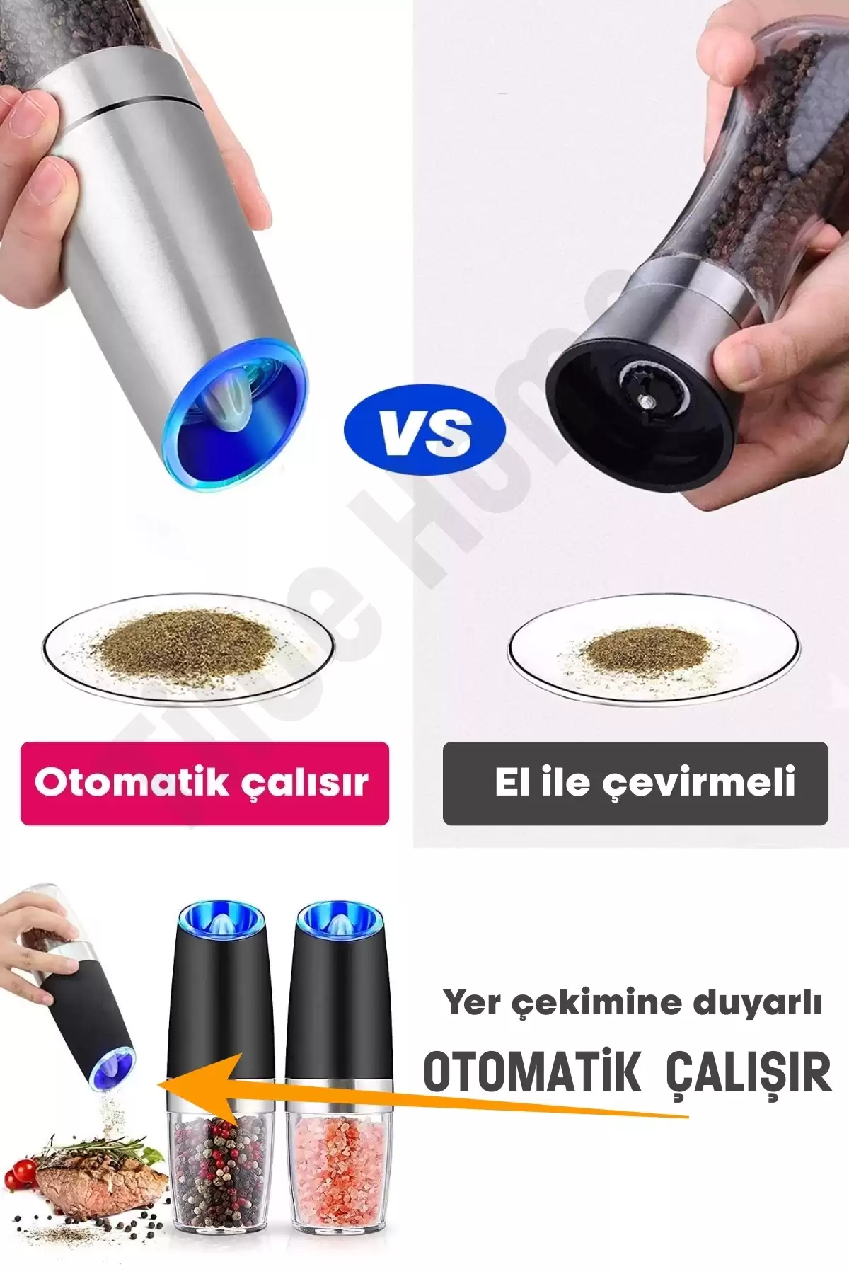 Yeni Nesil Gravity Krom Baharat Öğütücü İndüksiyon Tuz Değirmeni Seramik Bıçaklı LED Işık 5 Kademe