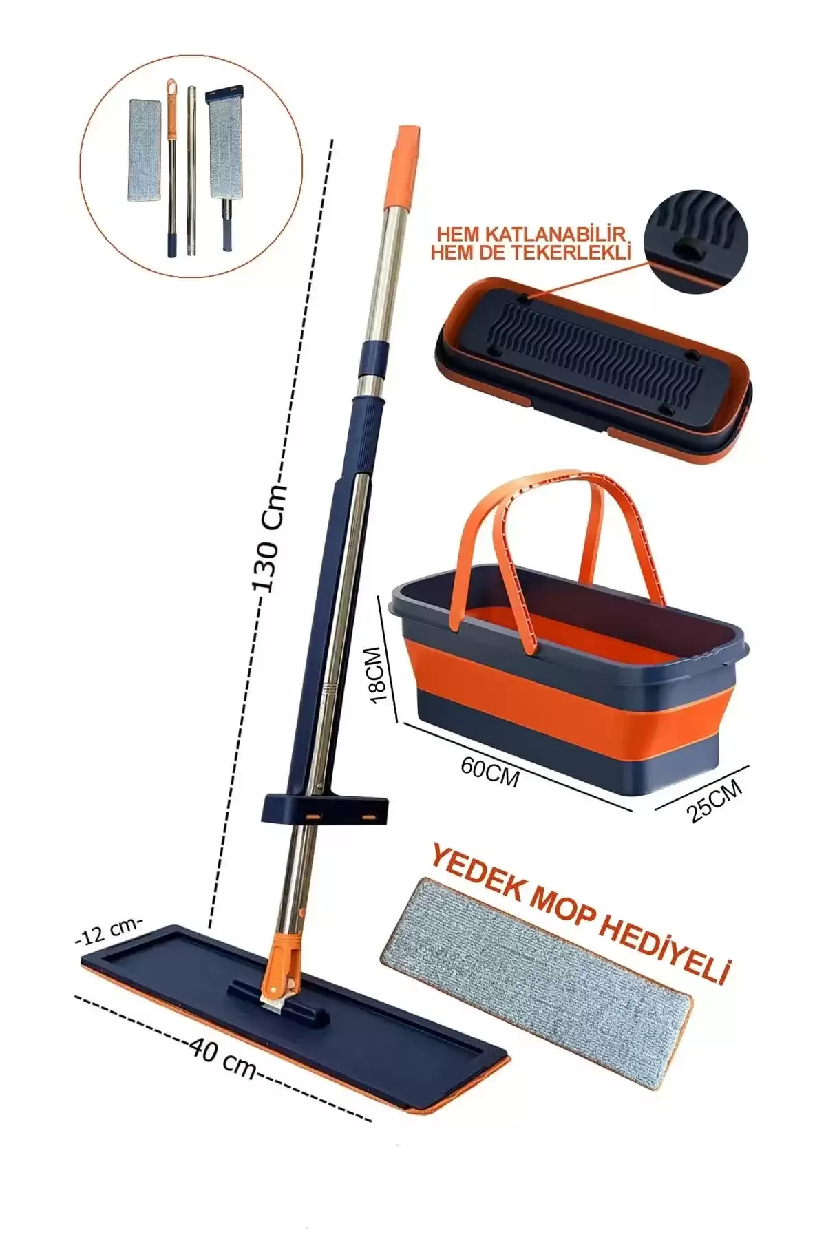Kendinden Sıkmalı Kovalı Mop Seti - Kendinden Sıkmalı Mop Katlanabilir Tekerlekli Kova 1 Yedek Bez