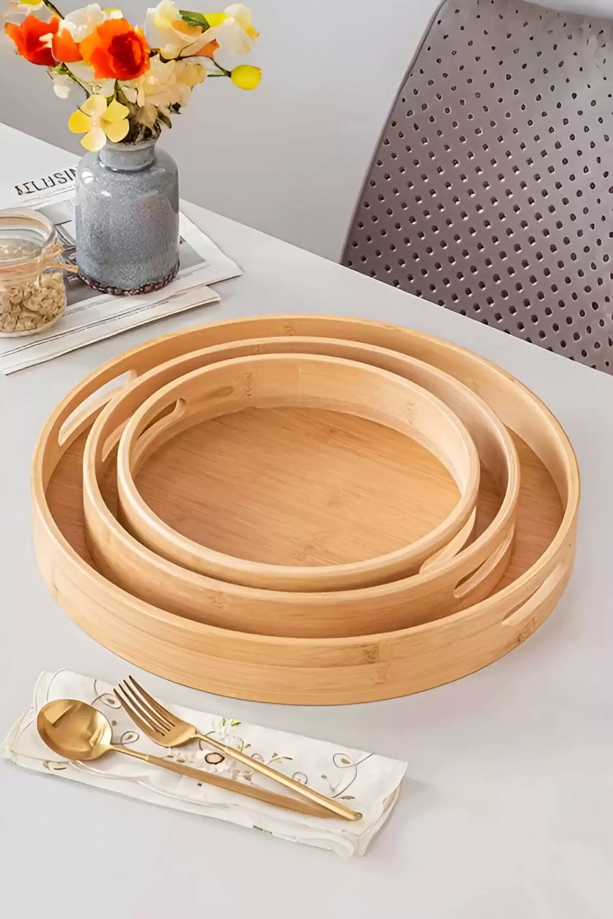 3lü Yuvarlak Bambu Tepsi Lüx Portatif Kahvaltı Çay Servis Sunum Tepsisi Kulplu Darke Kitchen Tepsi