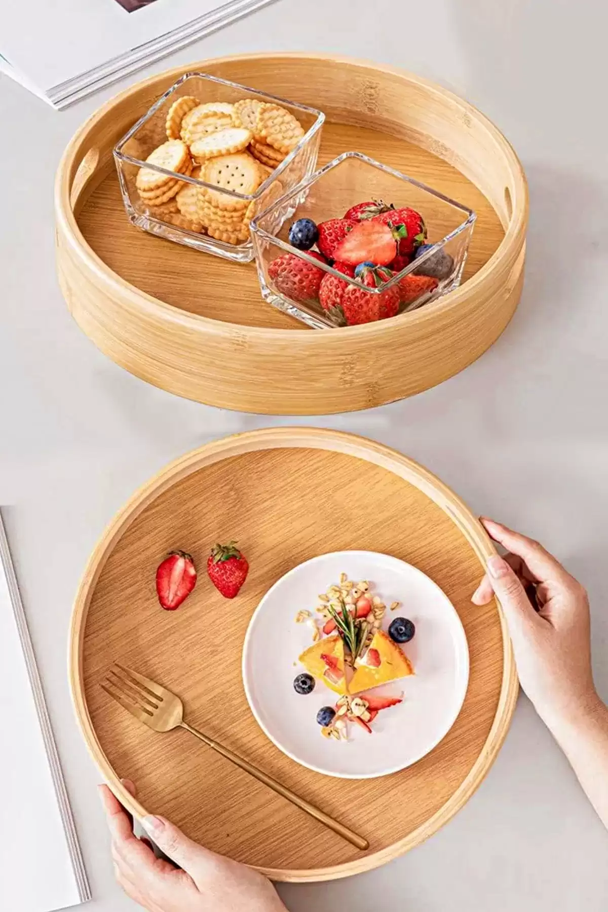 3lü Yuvarlak Bambu Tepsi Lüx Portatif Kahvaltı Çay Servis Sunum Tepsisi Kulplu Darke Kitchen Tepsi