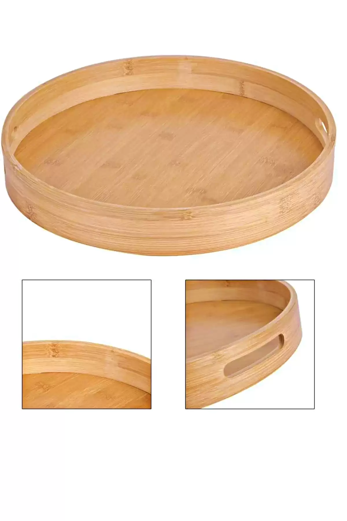 3lü Yuvarlak Bambu Tepsi Lüx Portatif Kahvaltı Çay Servis Sunum Tepsisi Kulplu Darke Kitchen Tepsi