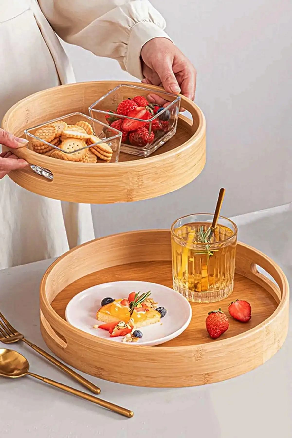 3lü Yuvarlak Bambu Tepsi Lüx Portatif Kahvaltı Çay Servis Sunum Tepsisi Kulplu Darke Kitchen Tepsi