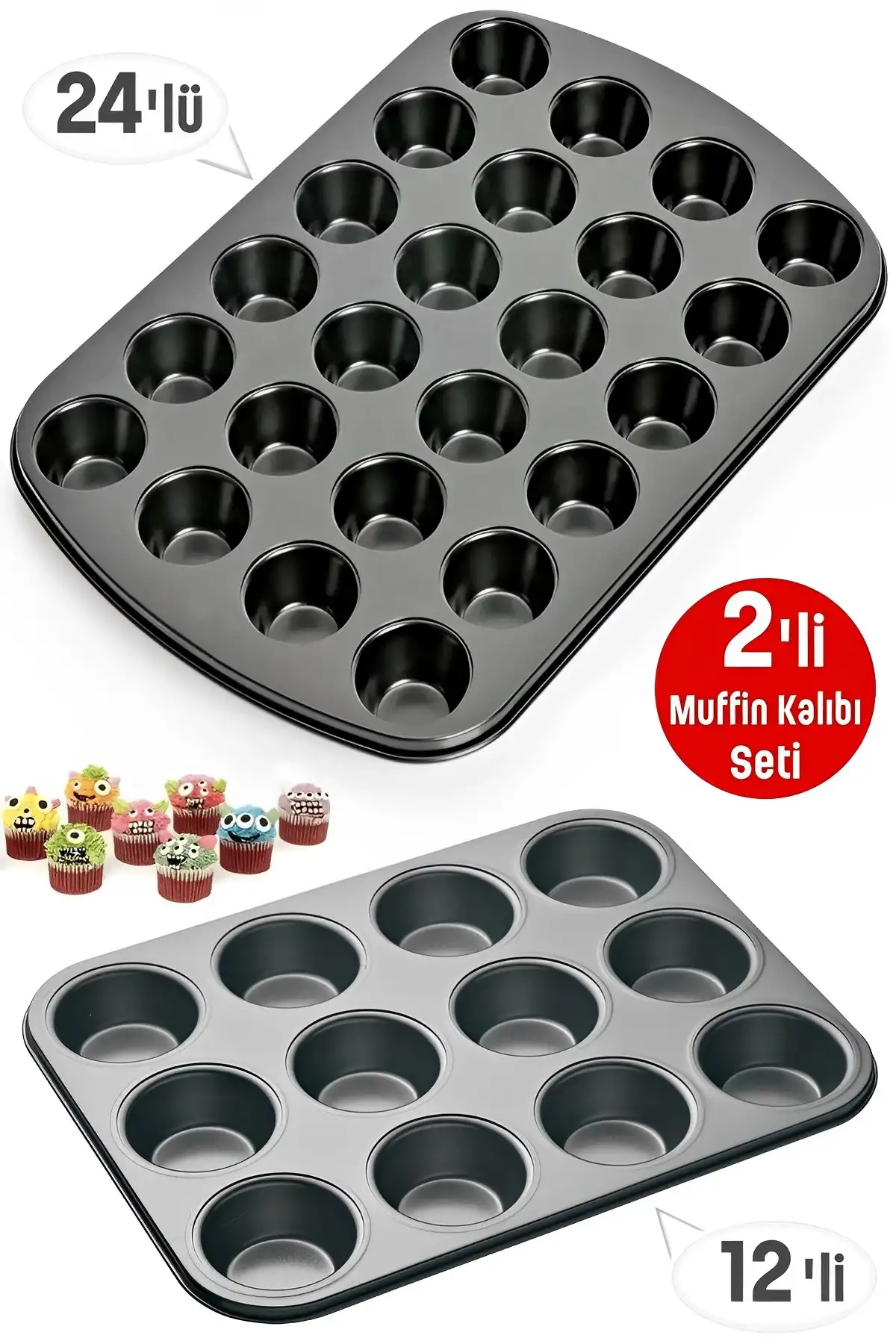 Muffin Kalıbı 24lü Mini + 12li Büyük Cupcake Kek Kapsülü Yanmaz Yapışmaz Baking Pan Fırın Kalıbı