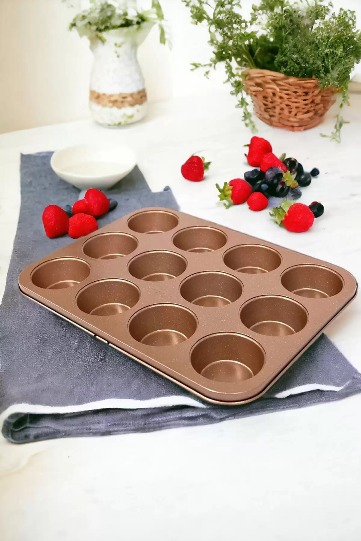 Muffin Kalıbı 12li Kek Kurabiye Cupcake Muffin Kalıbı Fırın Kapsül Tepsi Granit Kaplama Rise Gold