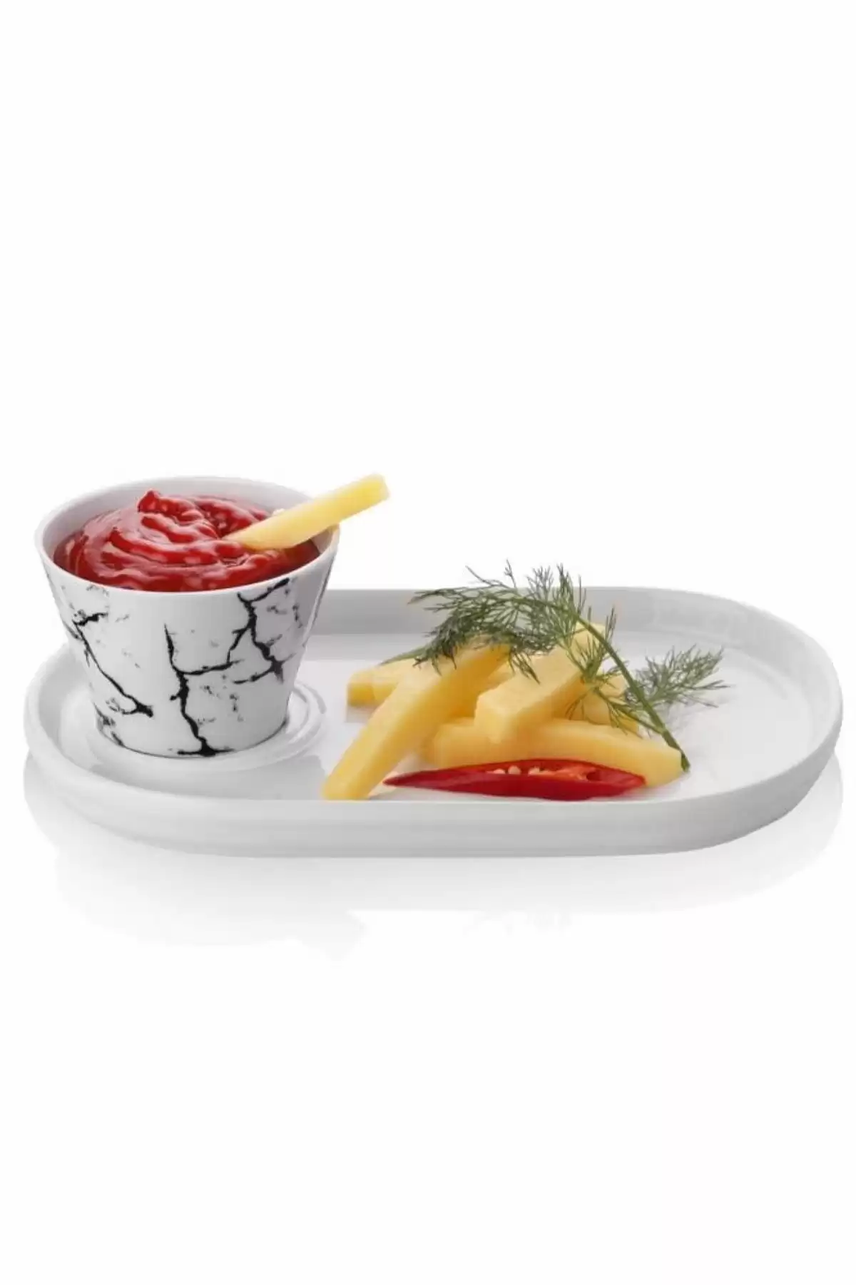 Oval Sunum Tabağı Konik Sosluk Desenli Sunumluk Sosluk 2li Seti