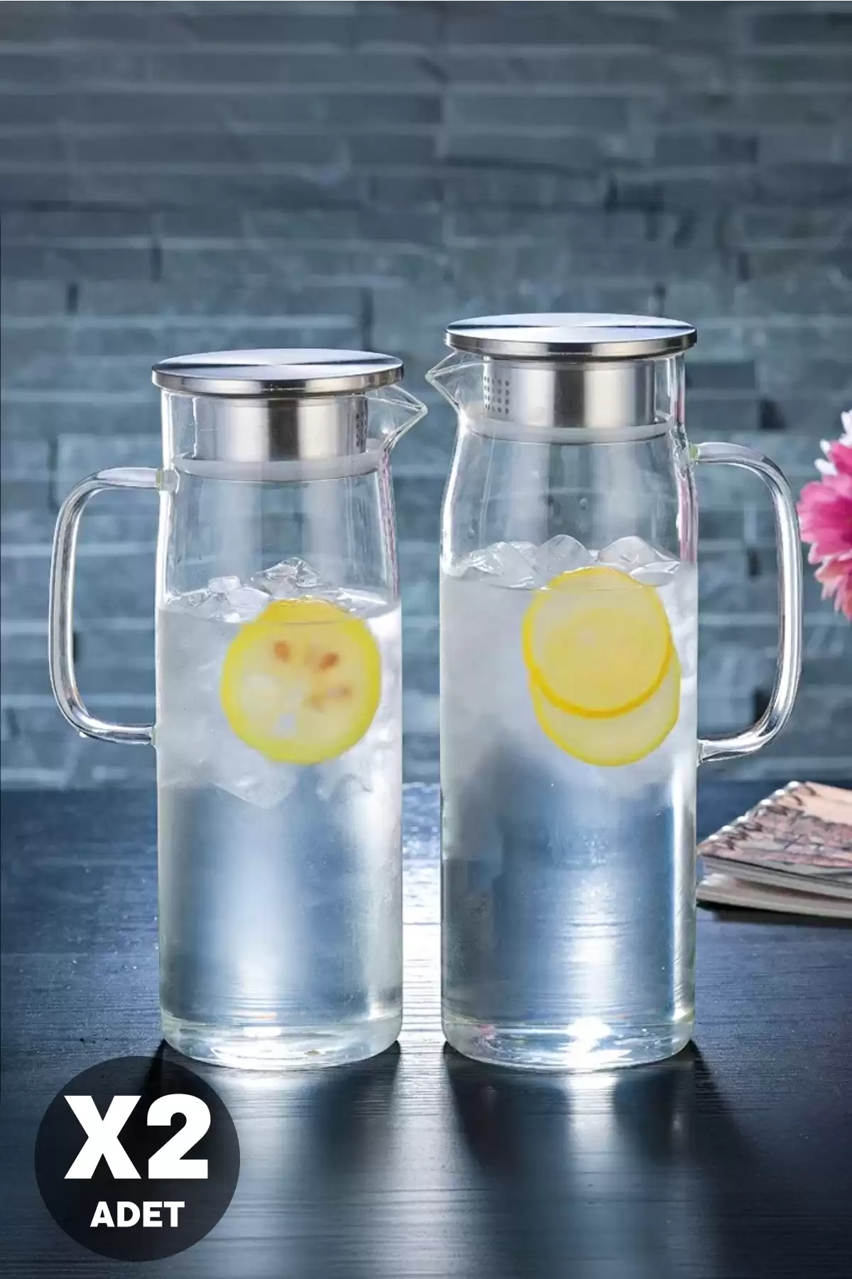 2li Retro Cam Sürahi Kulplu Çelik Kapaklı Soğuk Sıcak Kokteyl Meşrubat Cam Sürahisi 1500 ml Seti