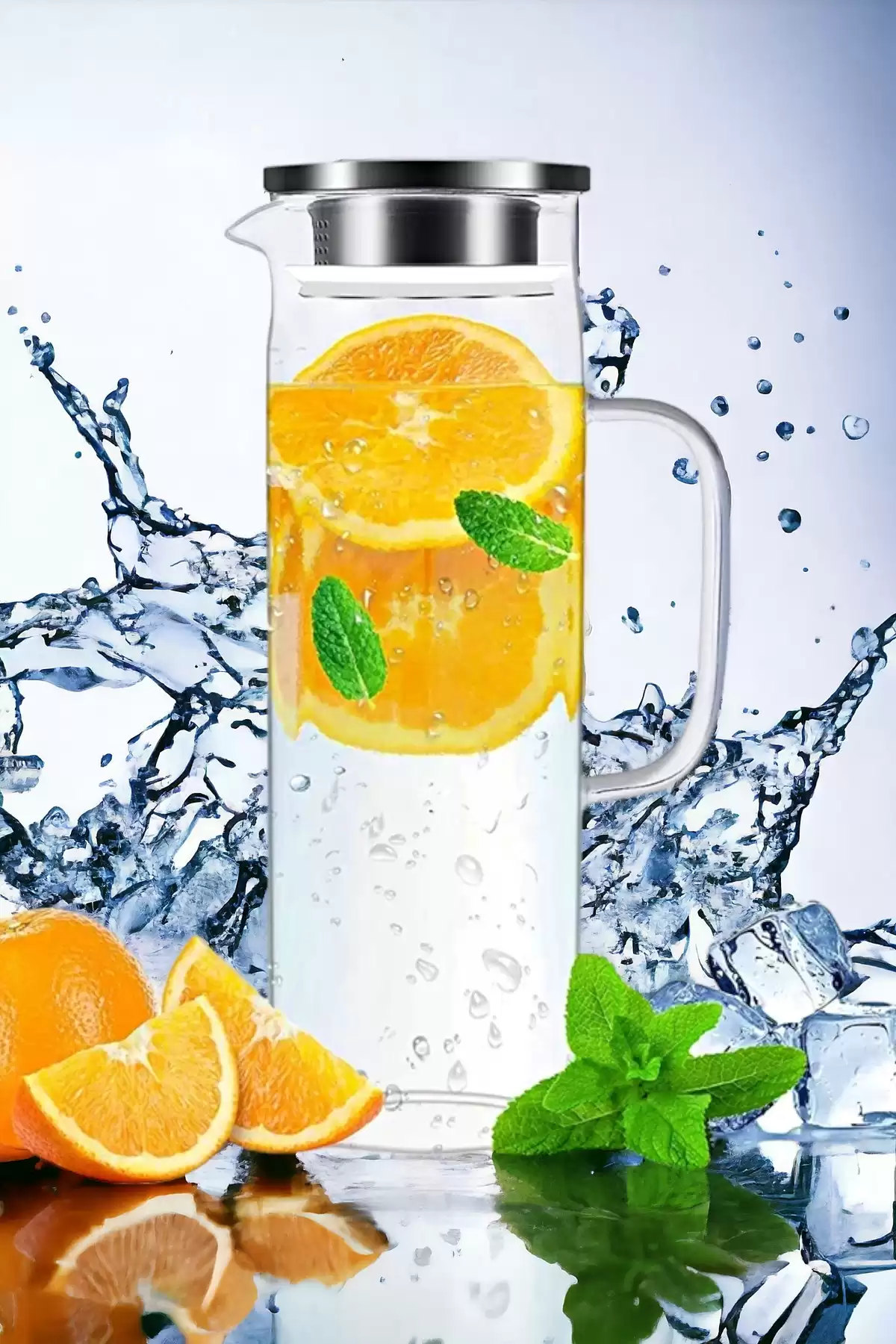 2li Retro Cam Sürahi Kulplu Çelik Kapaklı Soğuk Sıcak Kokteyl Meşrubat Cam Sürahisi 1500 ml Seti